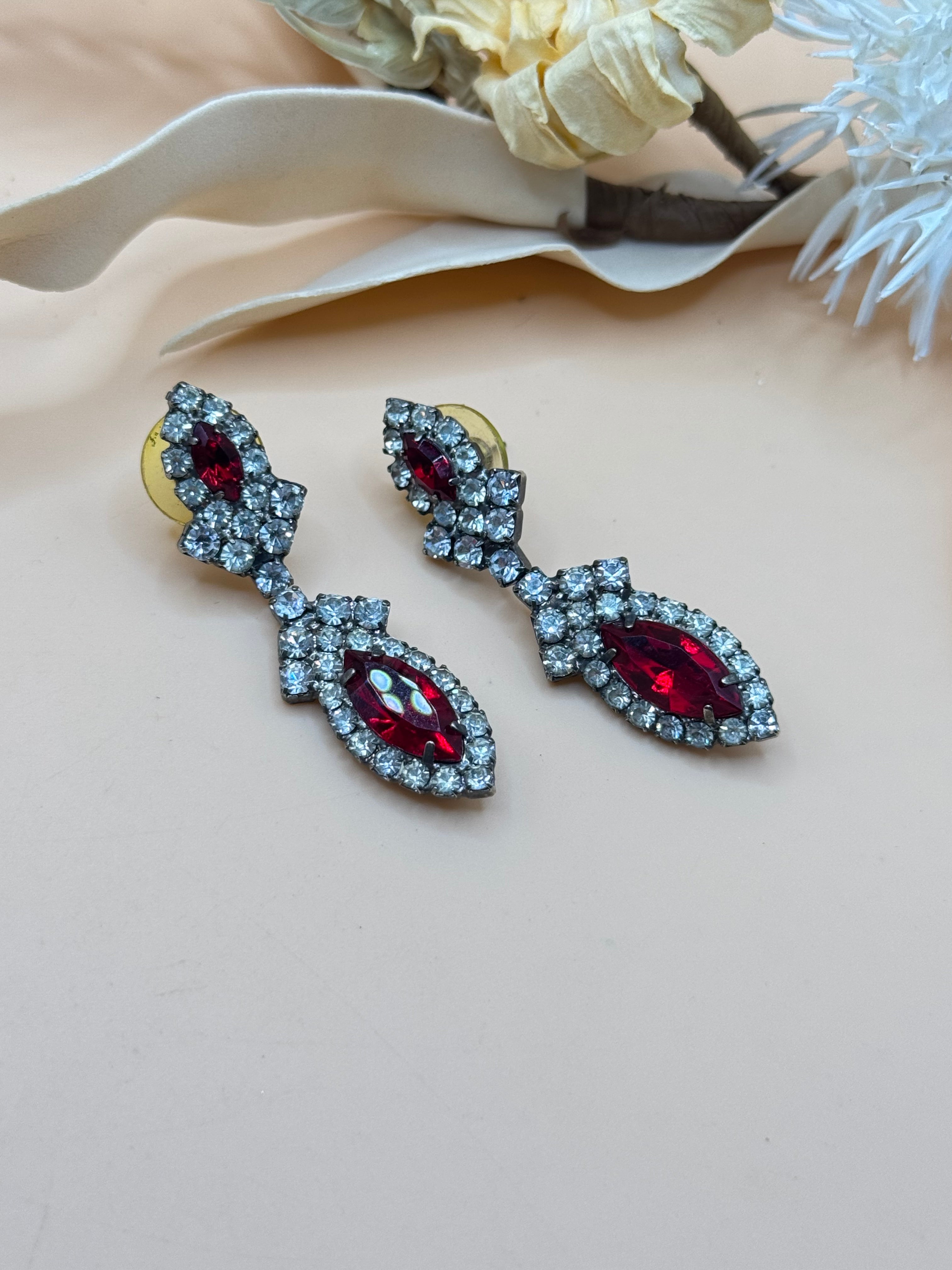 Vintage Red Marquise Rhinestone Dangle Statement Earrings