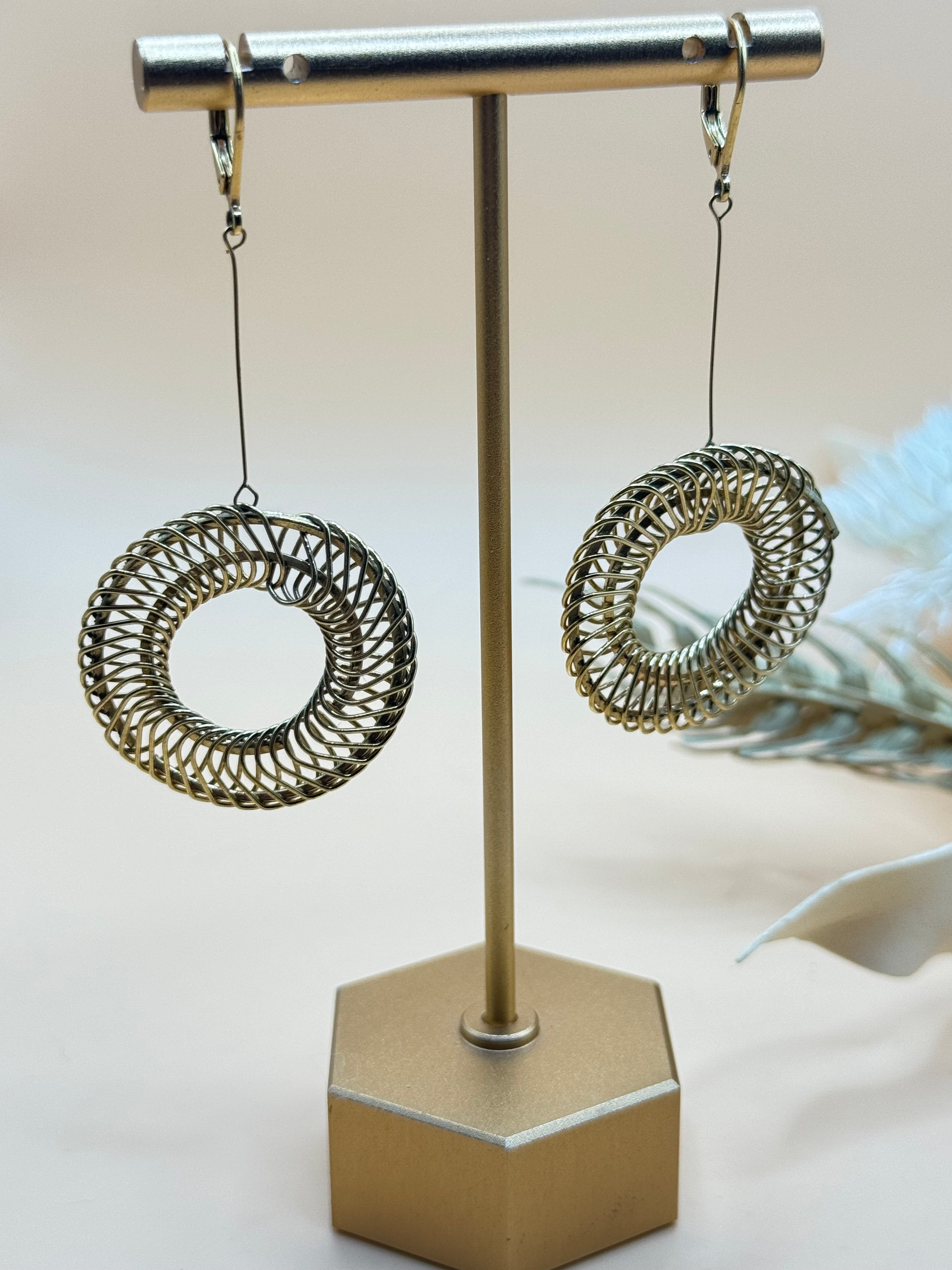 Gold Tone Open Spiral Circle Dangle Earrings