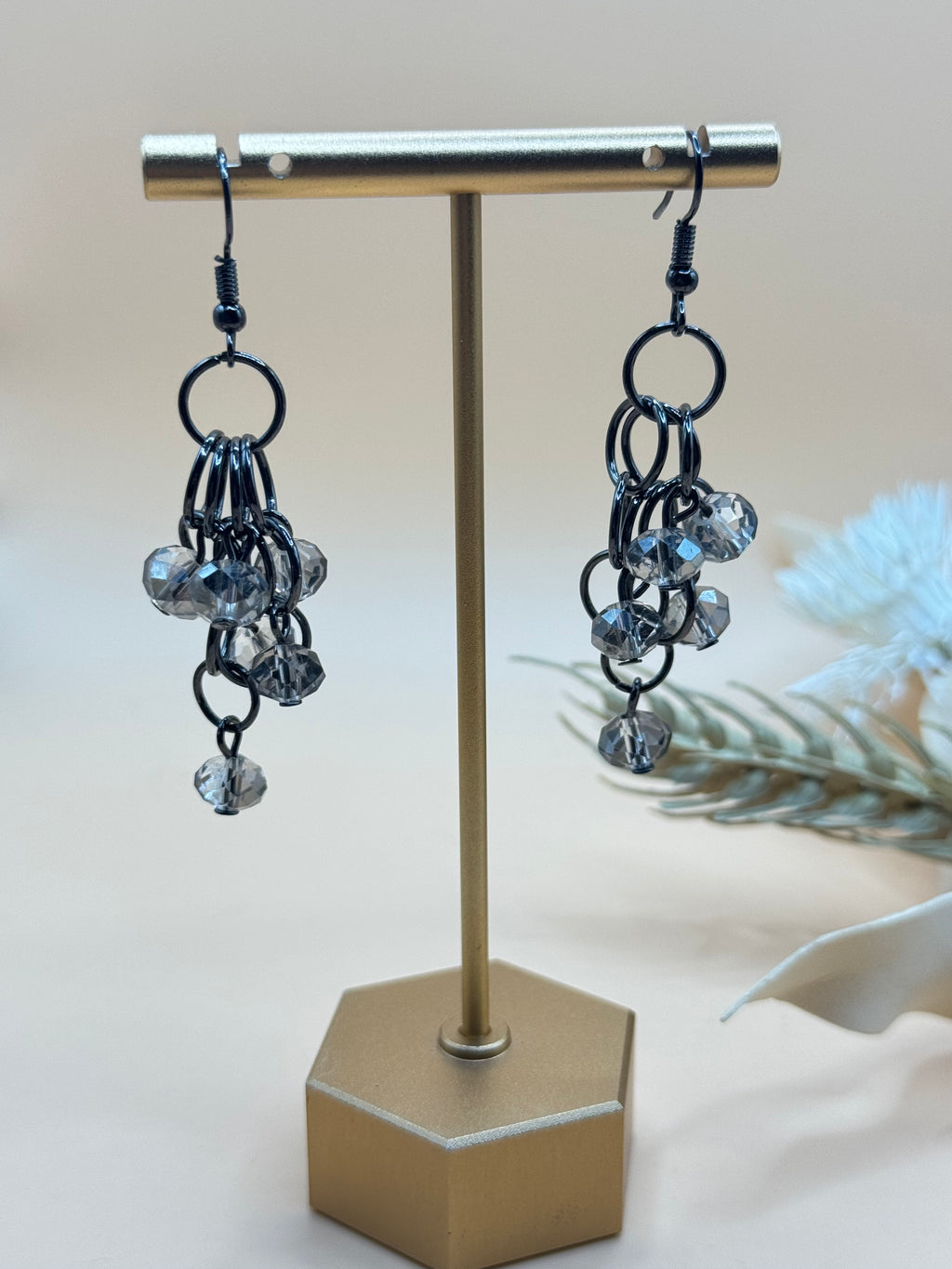 Black Tone Chain & Gray Crystal Beaded Dangle Earrings