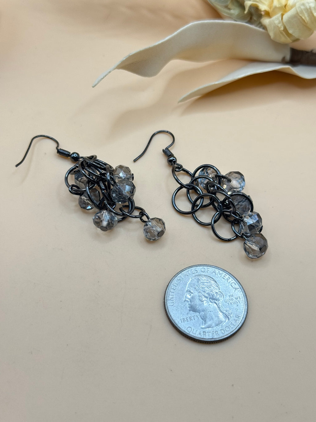 Black Tone Chain & Gray Crystal Beaded Dangle Earrings