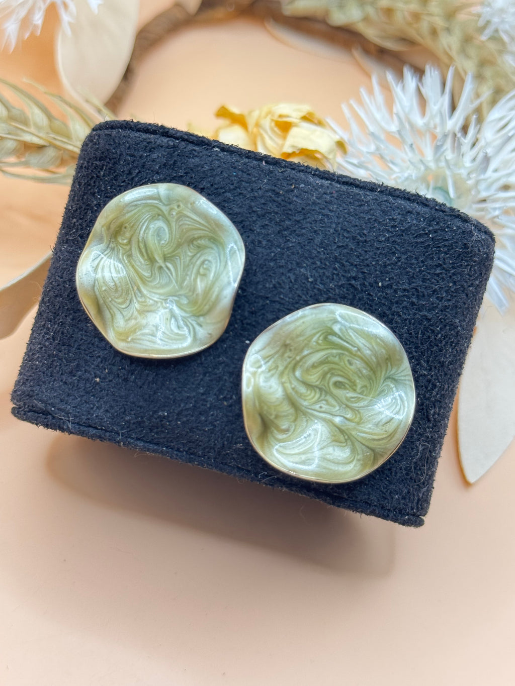Vintage Olive Green Marbled Resin Statement Stud Earrings