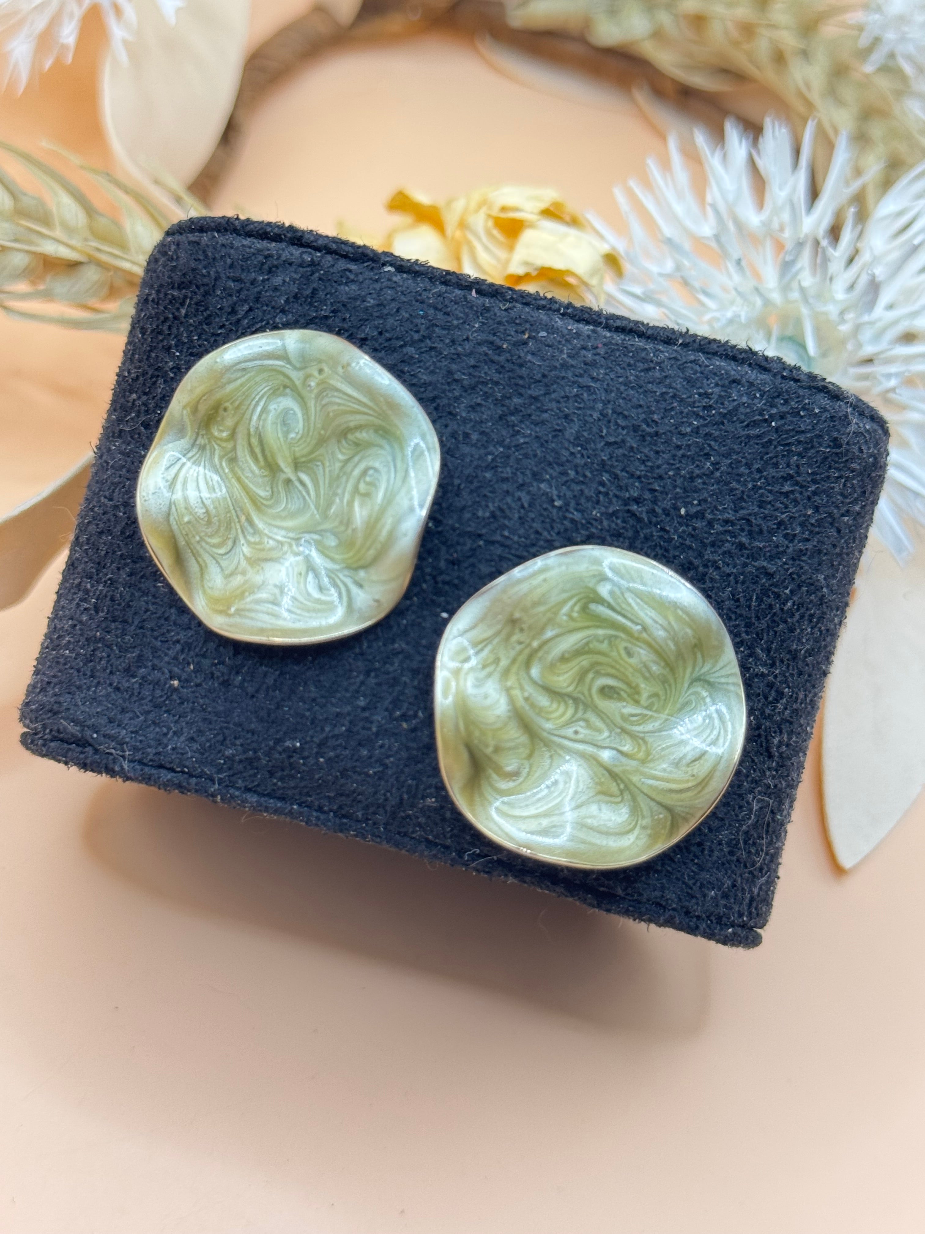 Vintage Olive Green Marbled Resin Statement Stud Earrings