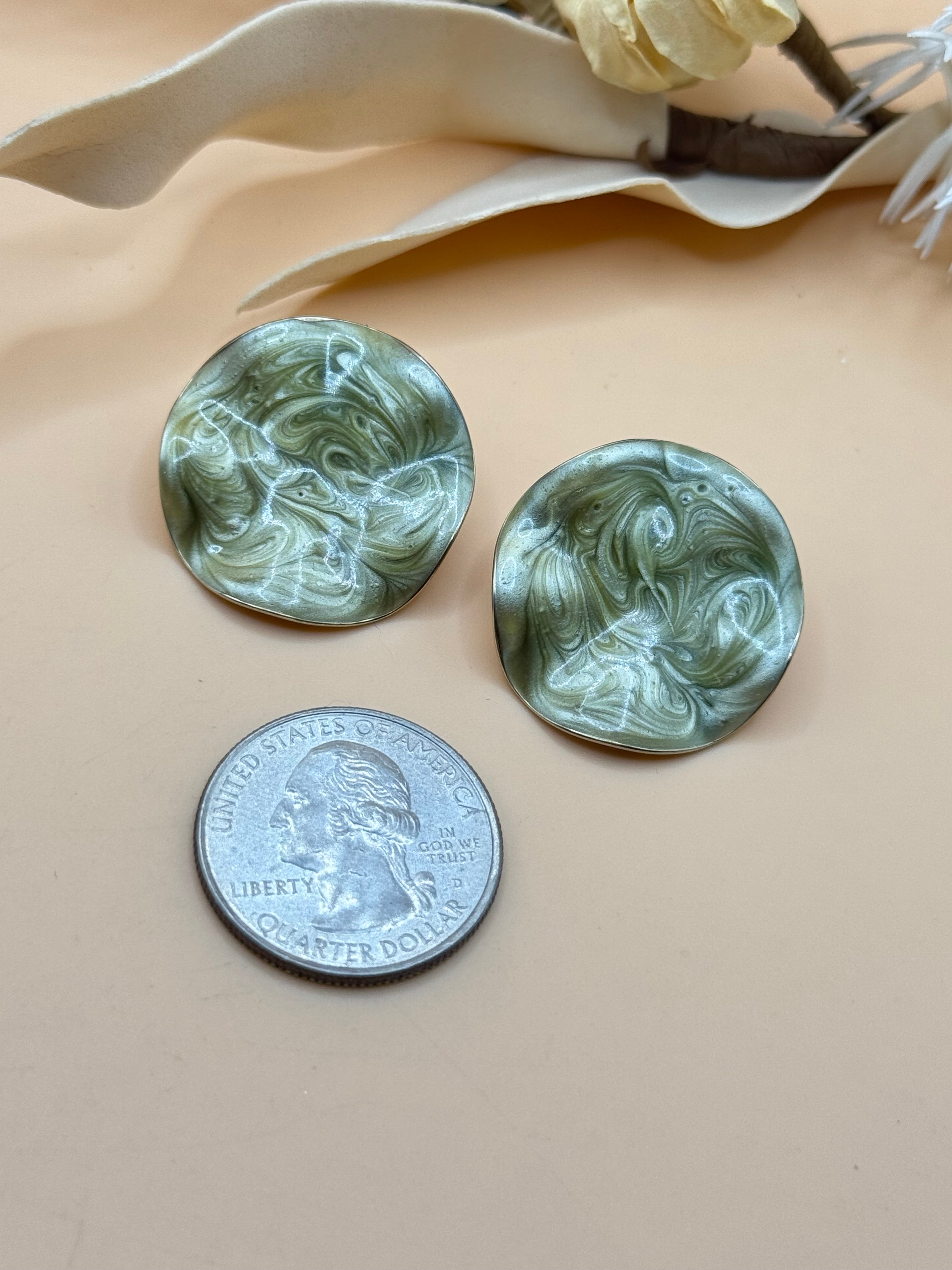 Vintage Olive Green Marbled Resin Statement Stud Earrings