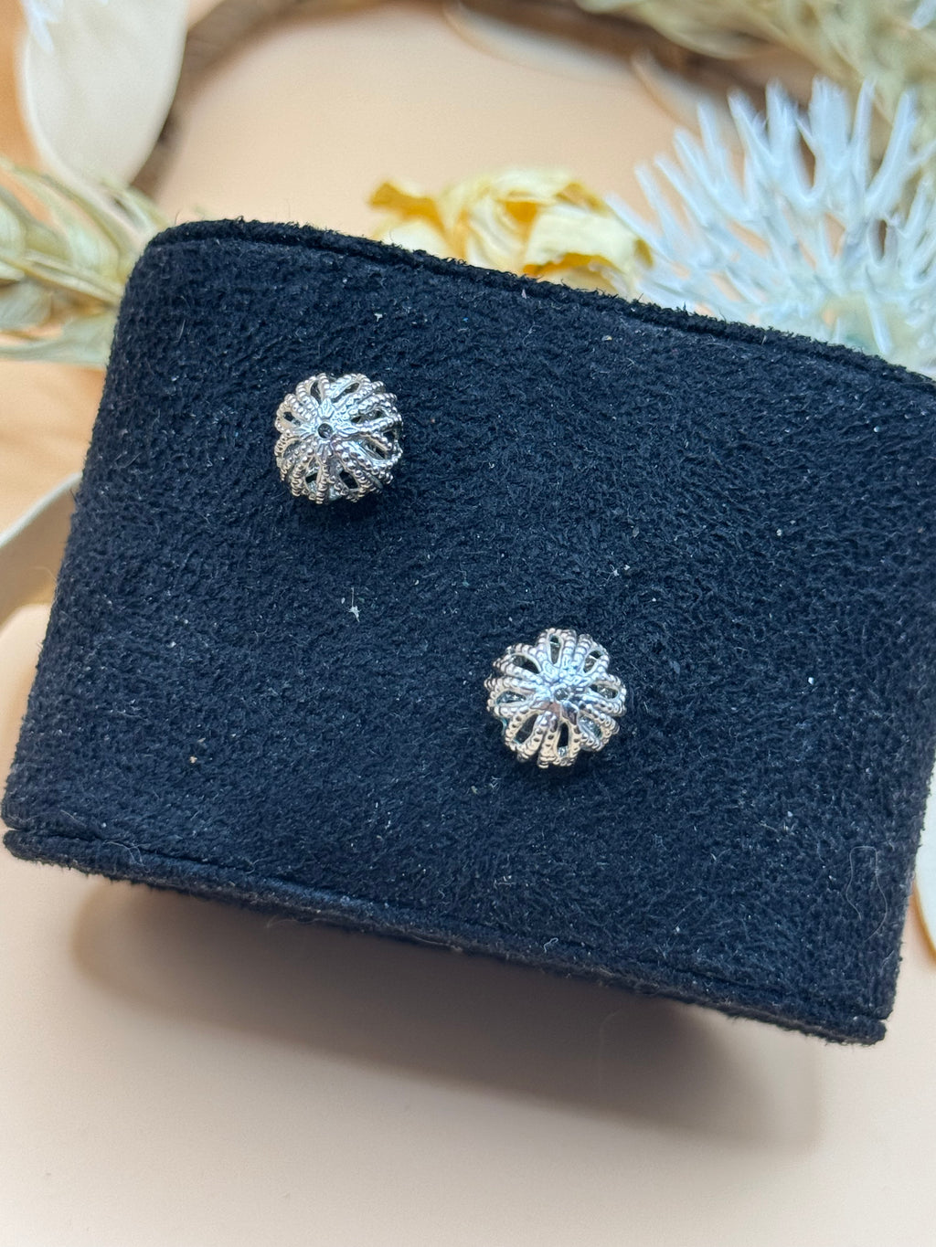 Silver Tone Filigree Ball Stud Earrings