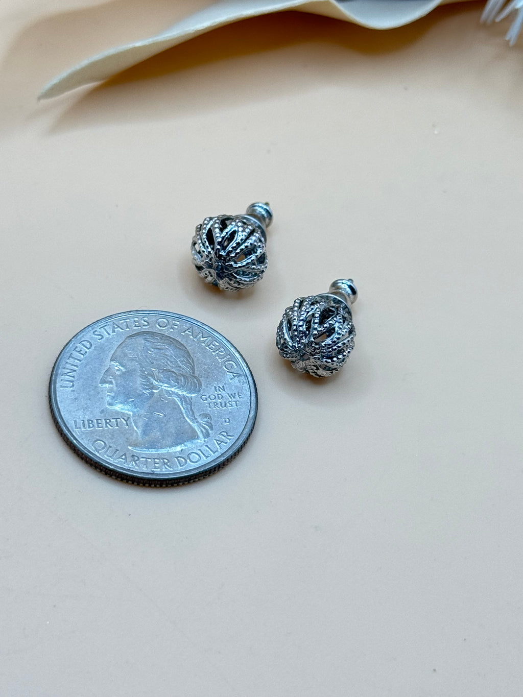 Silver Tone Filigree Ball Stud Earrings