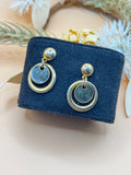 Gold Tone Gray Marbled Drop Circle Earrings