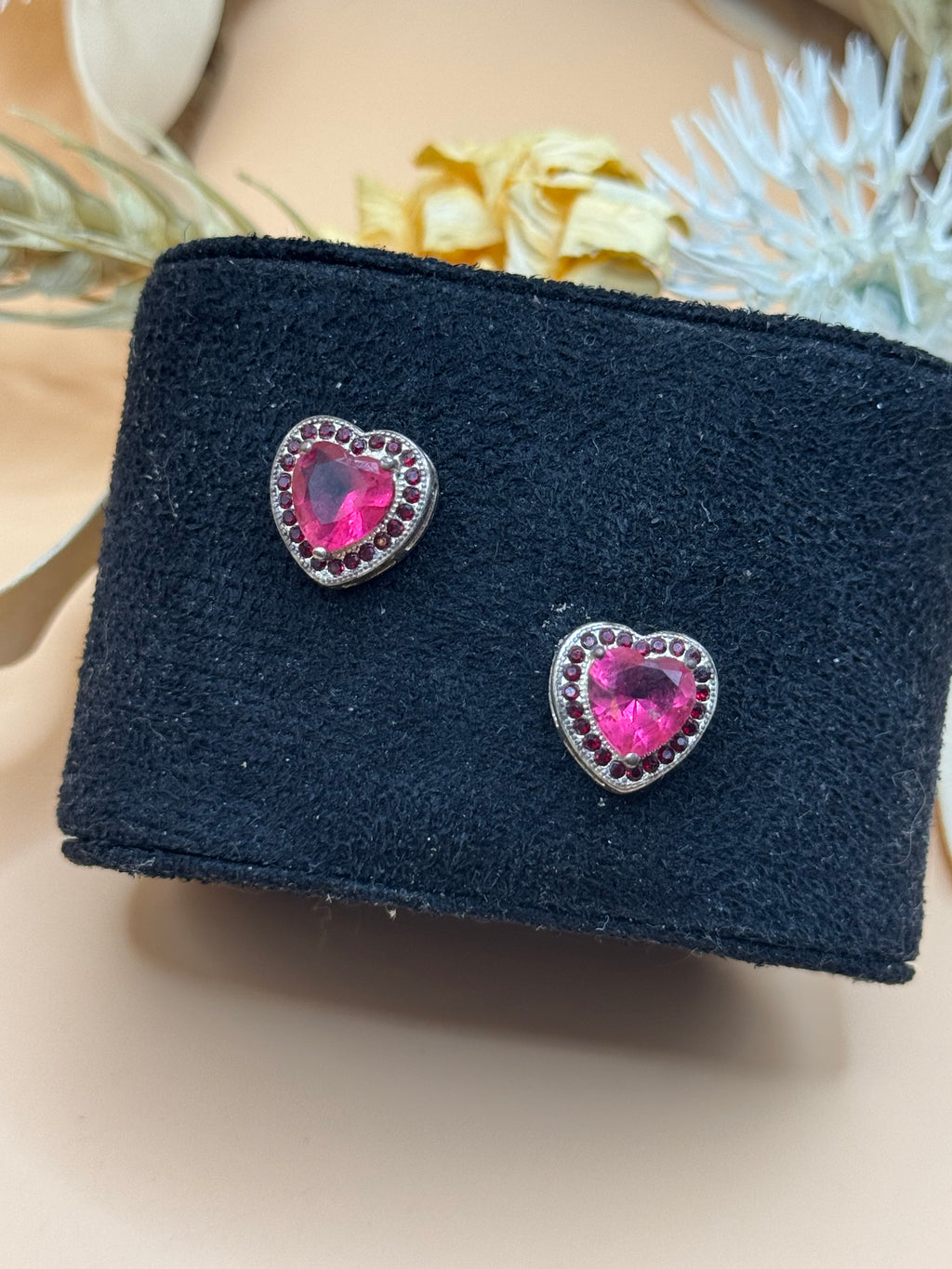Silver Tone Pink Heart Rhinestone Stud Earrings