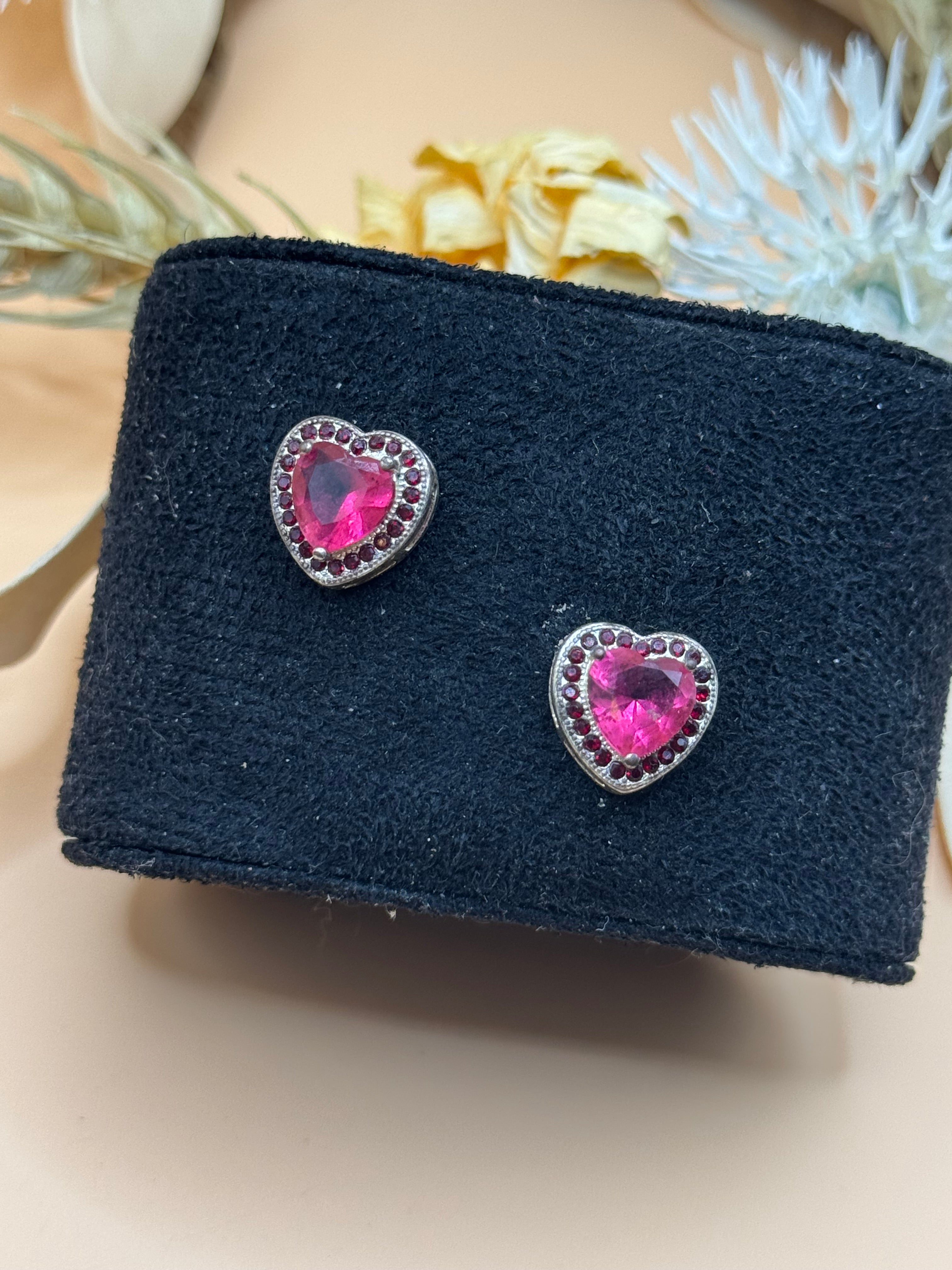 Silver Tone Pink Heart Rhinestone Stud Earrings