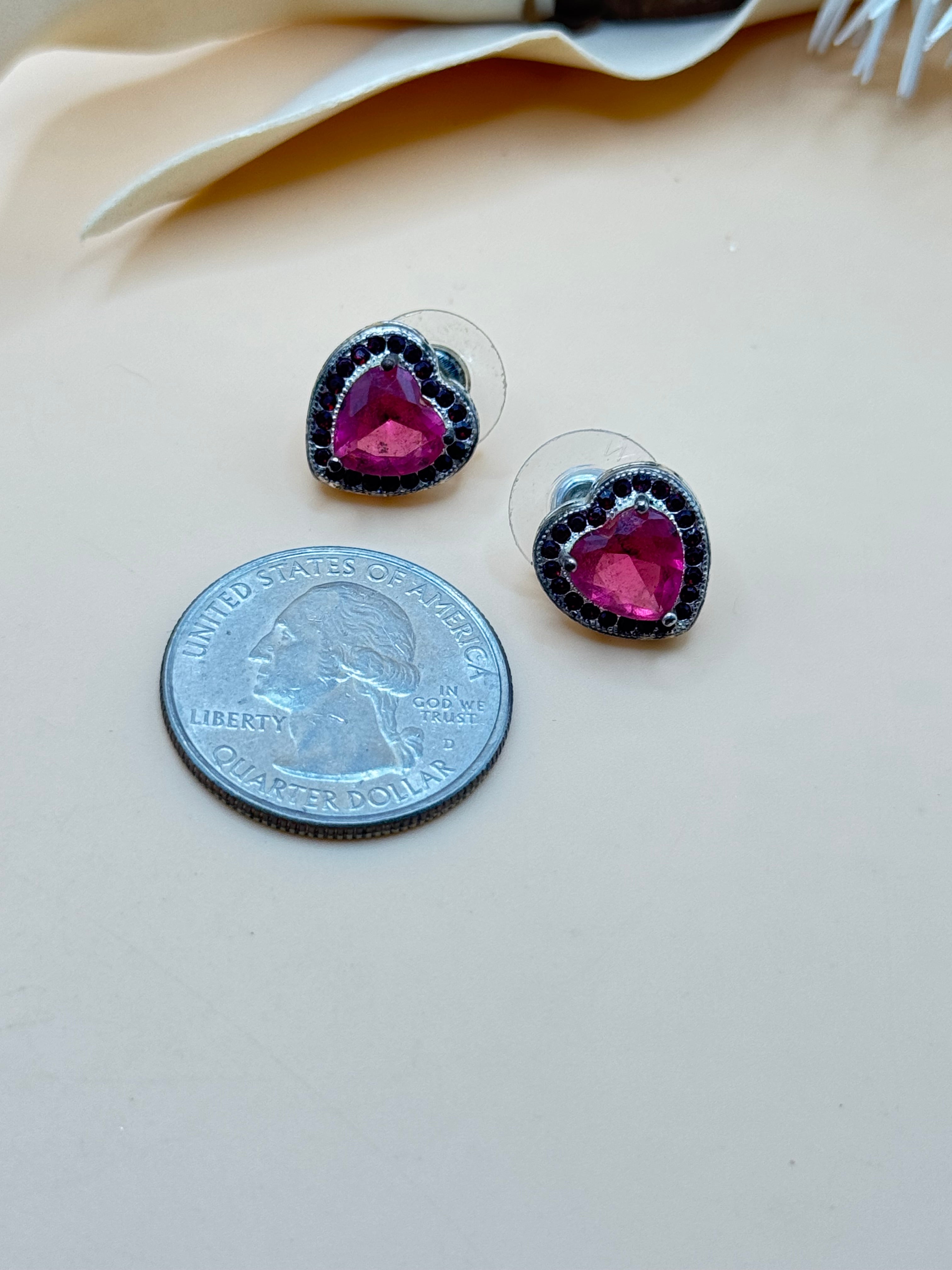 Silver Tone Pink Heart Rhinestone Stud Earrings