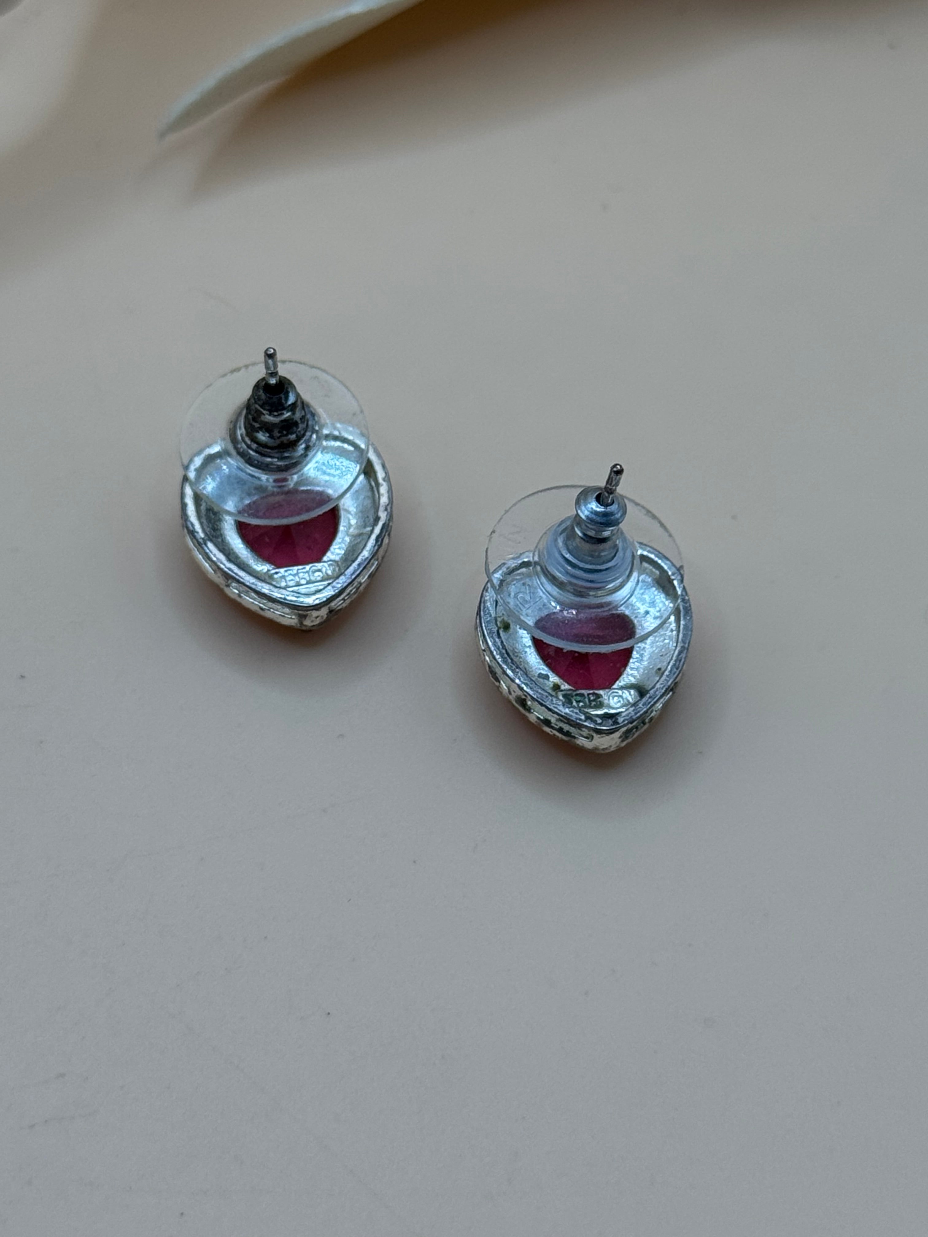 Silver Tone Pink Heart Rhinestone Stud Earrings