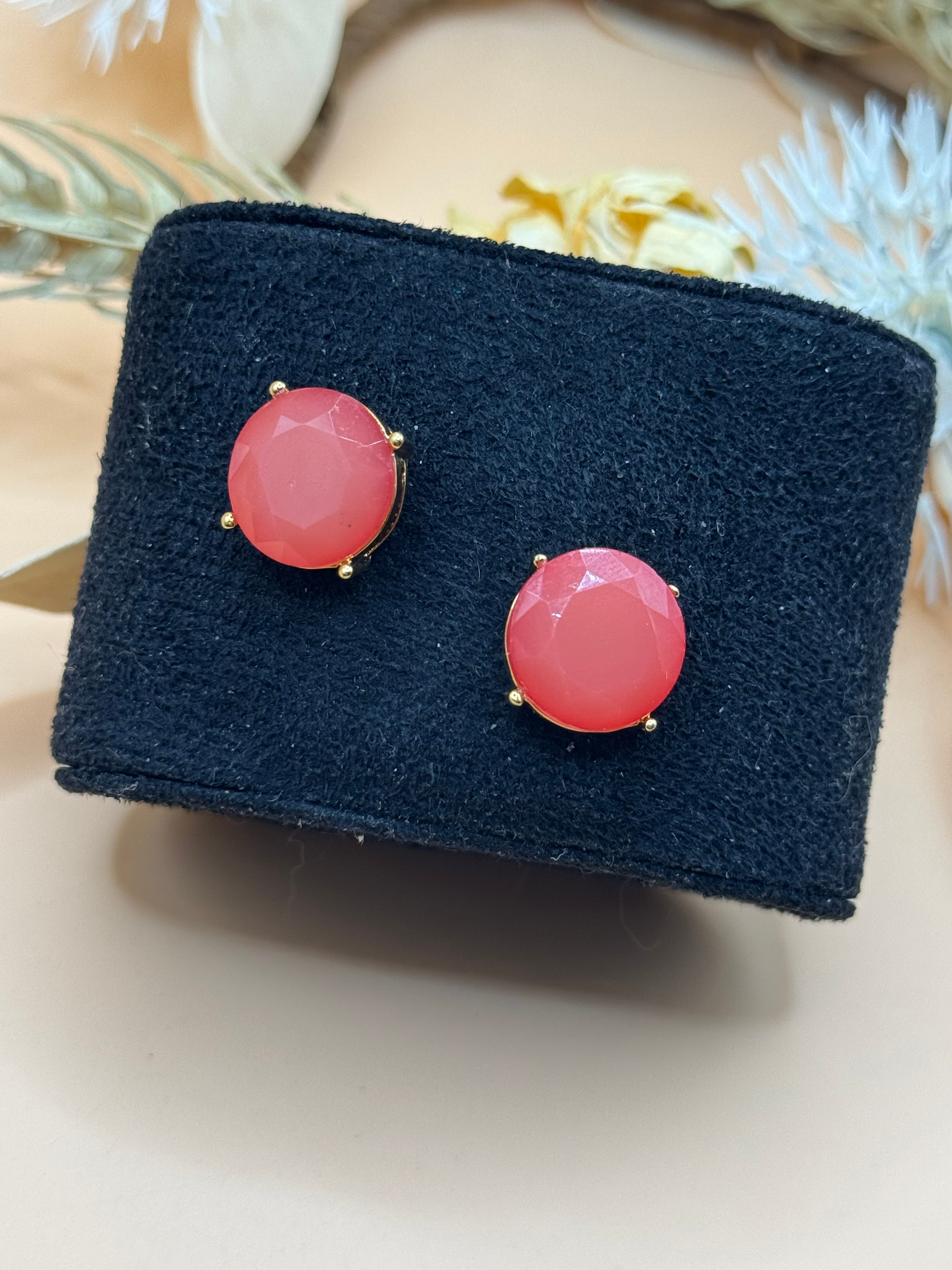 Gold Tone Coral Pink Faceted Round Stud Earrings