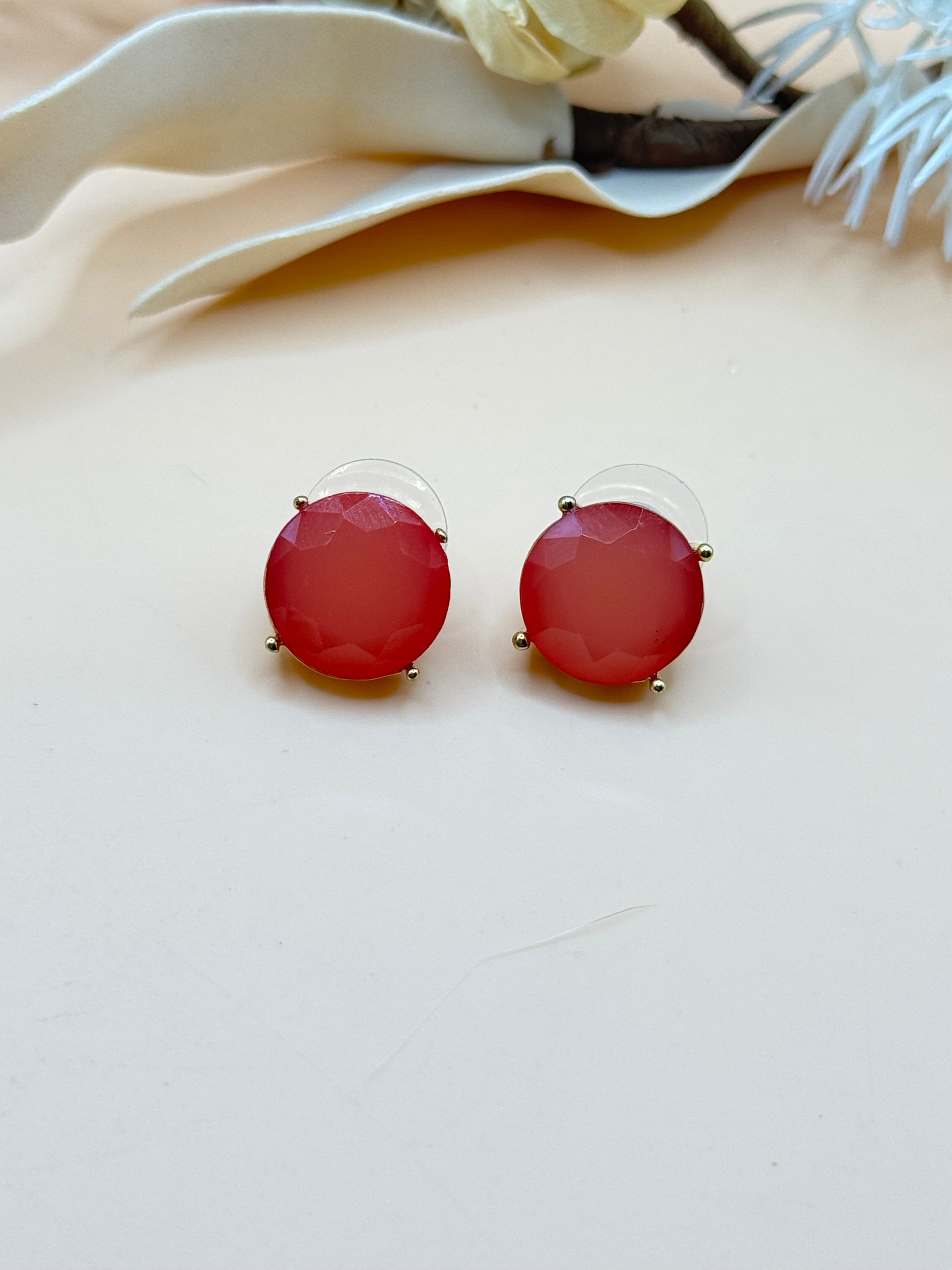Gold Tone Coral Pink Faceted Round Stud Earrings