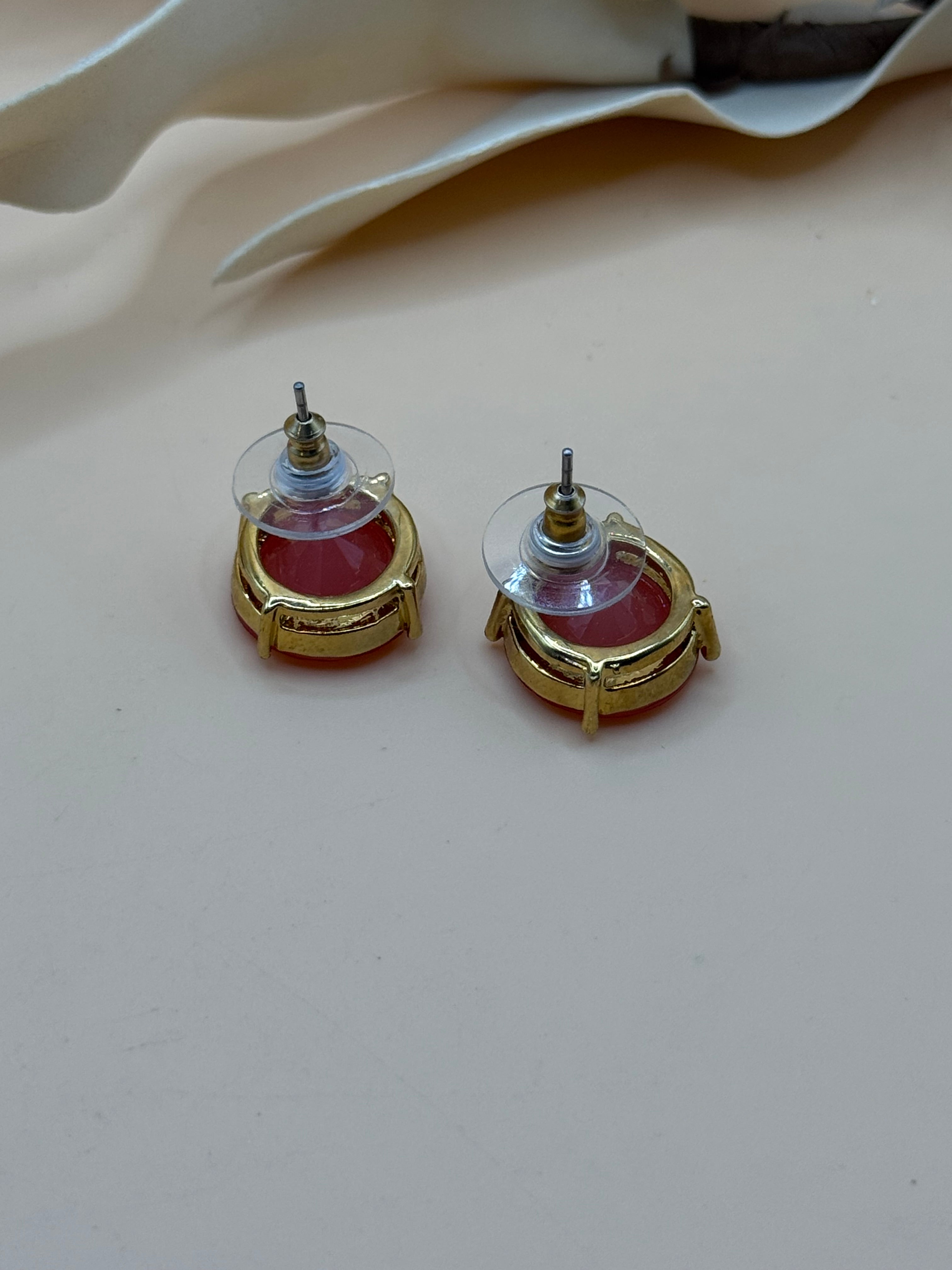 Gold Tone Coral Pink Faceted Round Stud Earrings