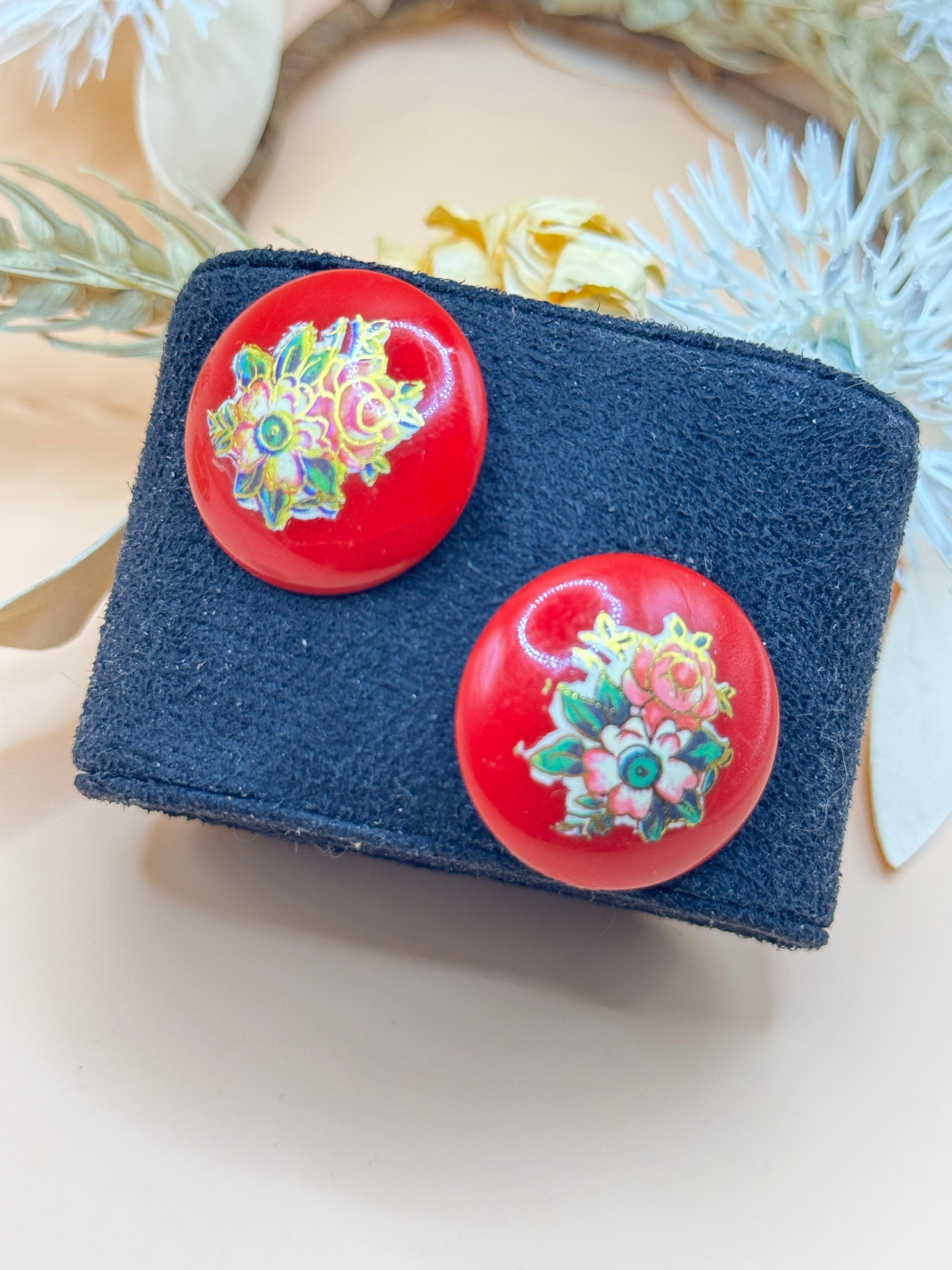 Vintage Red Floral Cabochon Stud Earrings