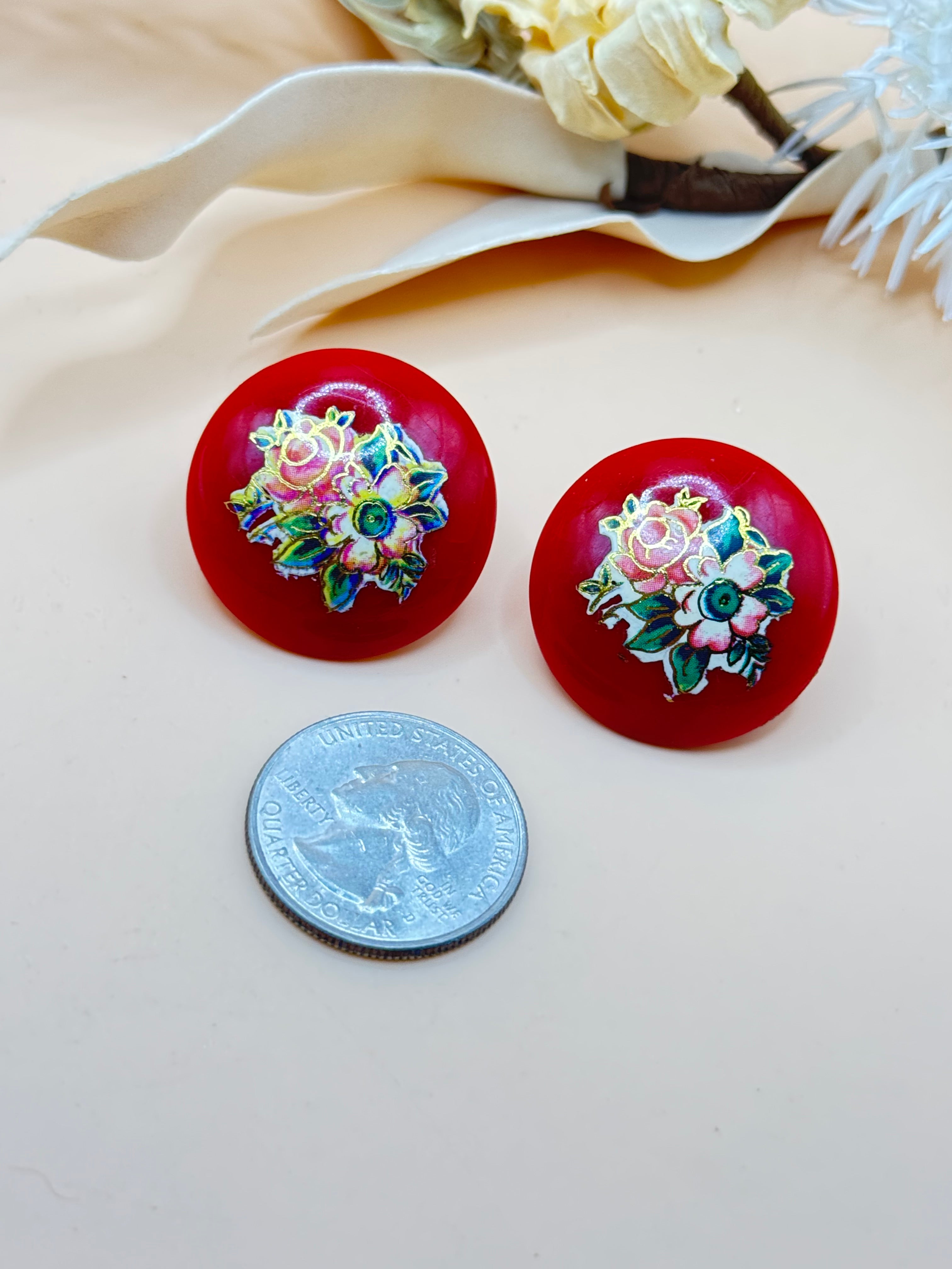 Vintage Red Floral Cabochon Stud Earrings