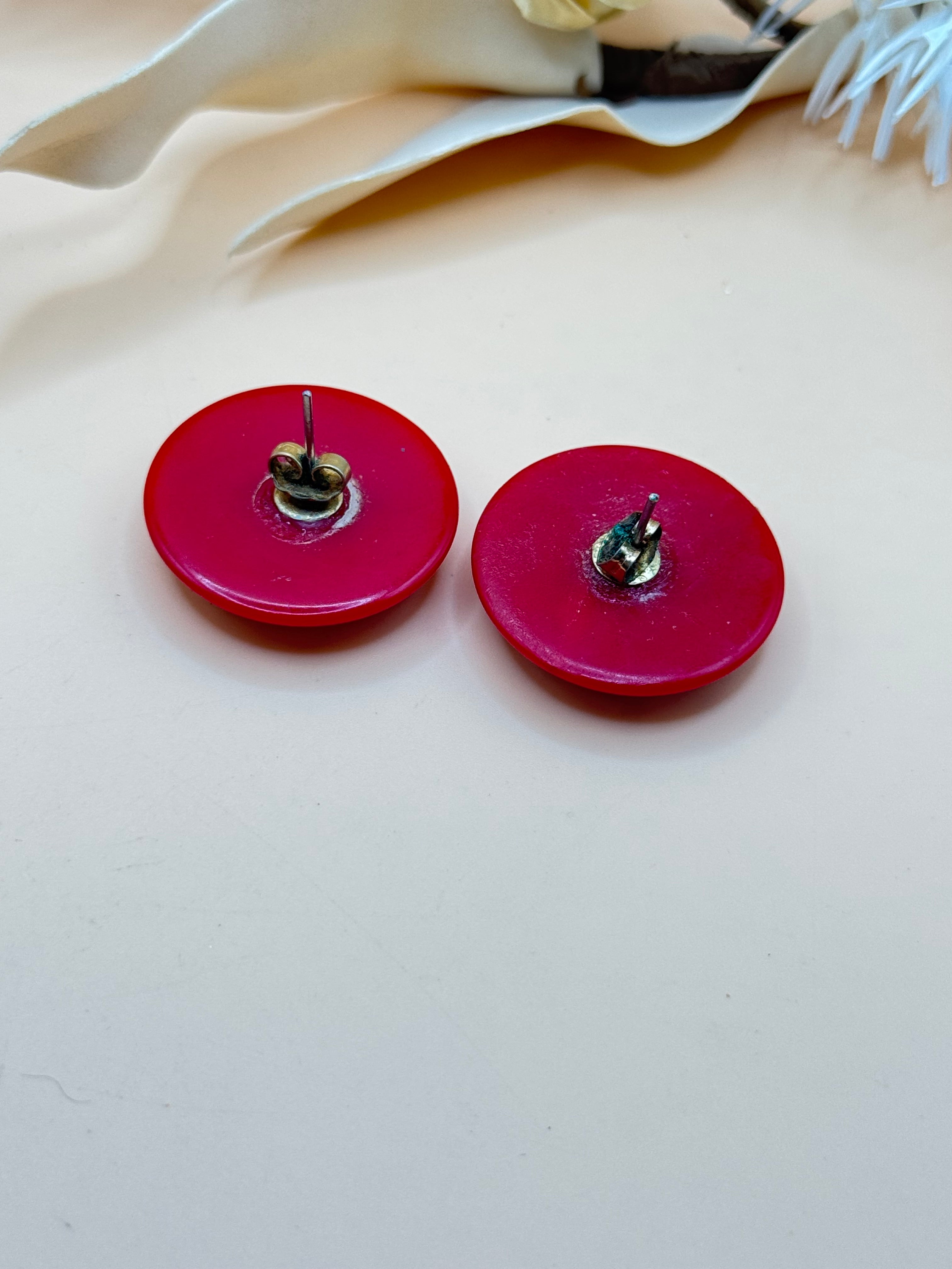 Vintage Red Floral Cabochon Stud Earrings