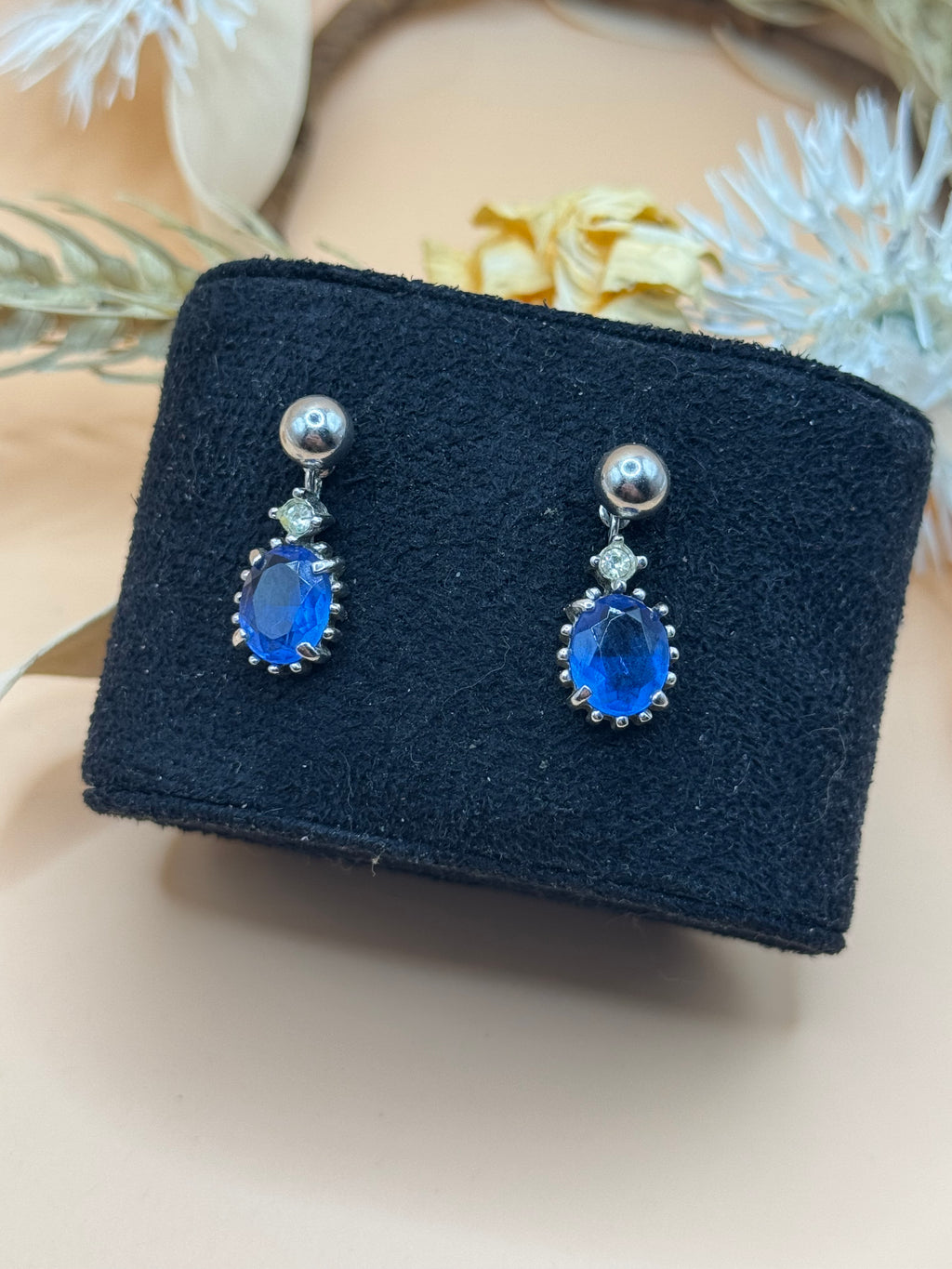 Blue Faceted Oval Stone Silver Tone Drop Stud Earrings