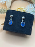 Blue Faceted Oval Stone Silver Tone Drop Stud Earrings