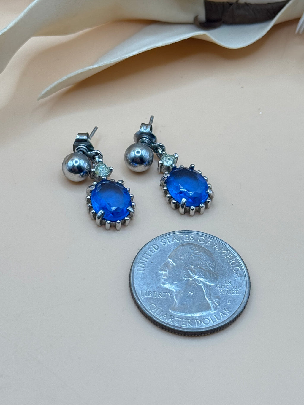 Blue Faceted Oval Stone Silver Tone Drop Stud Earrings