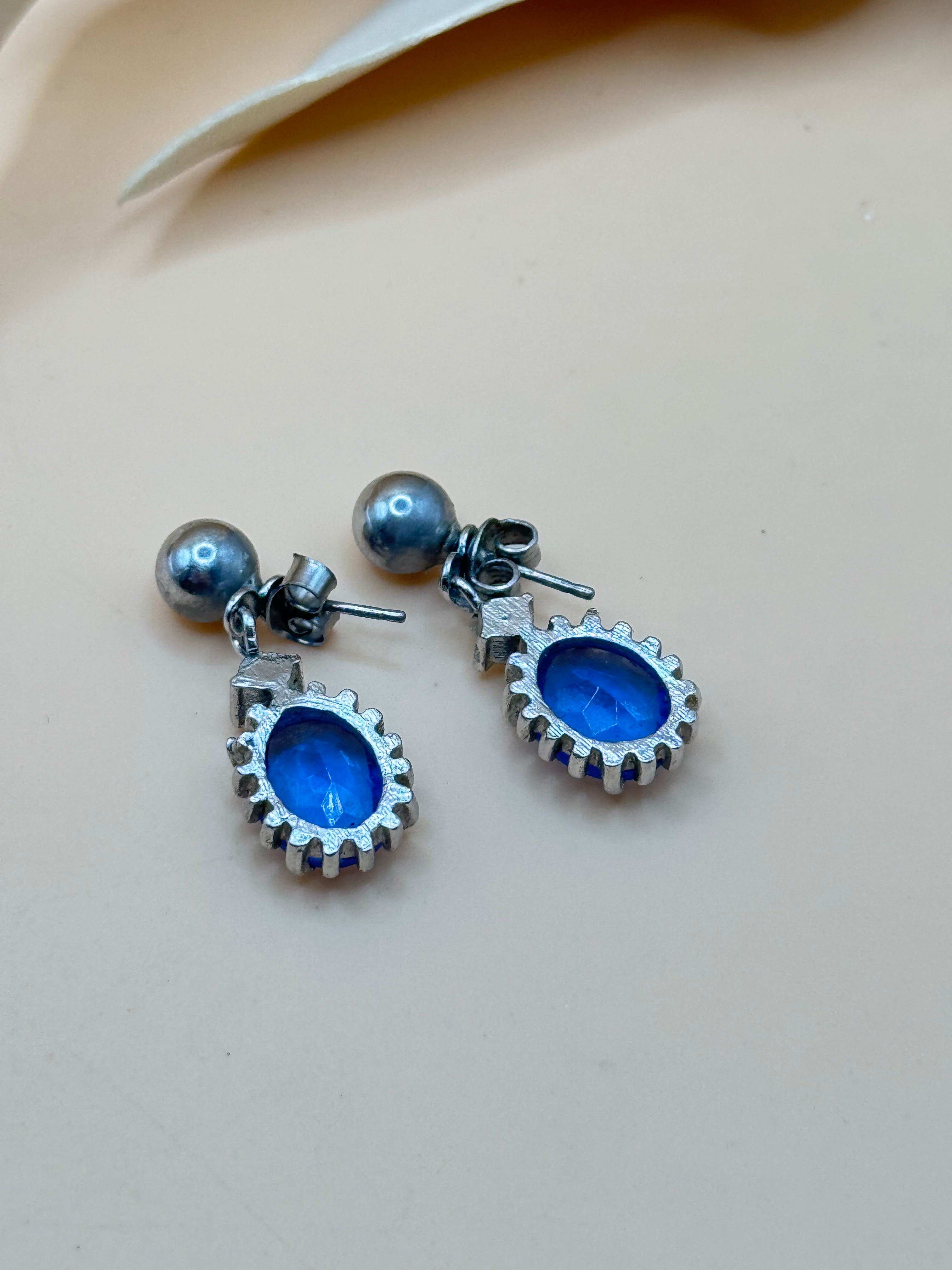 Blue Faceted Oval Stone Silver Tone Drop Stud Earrings