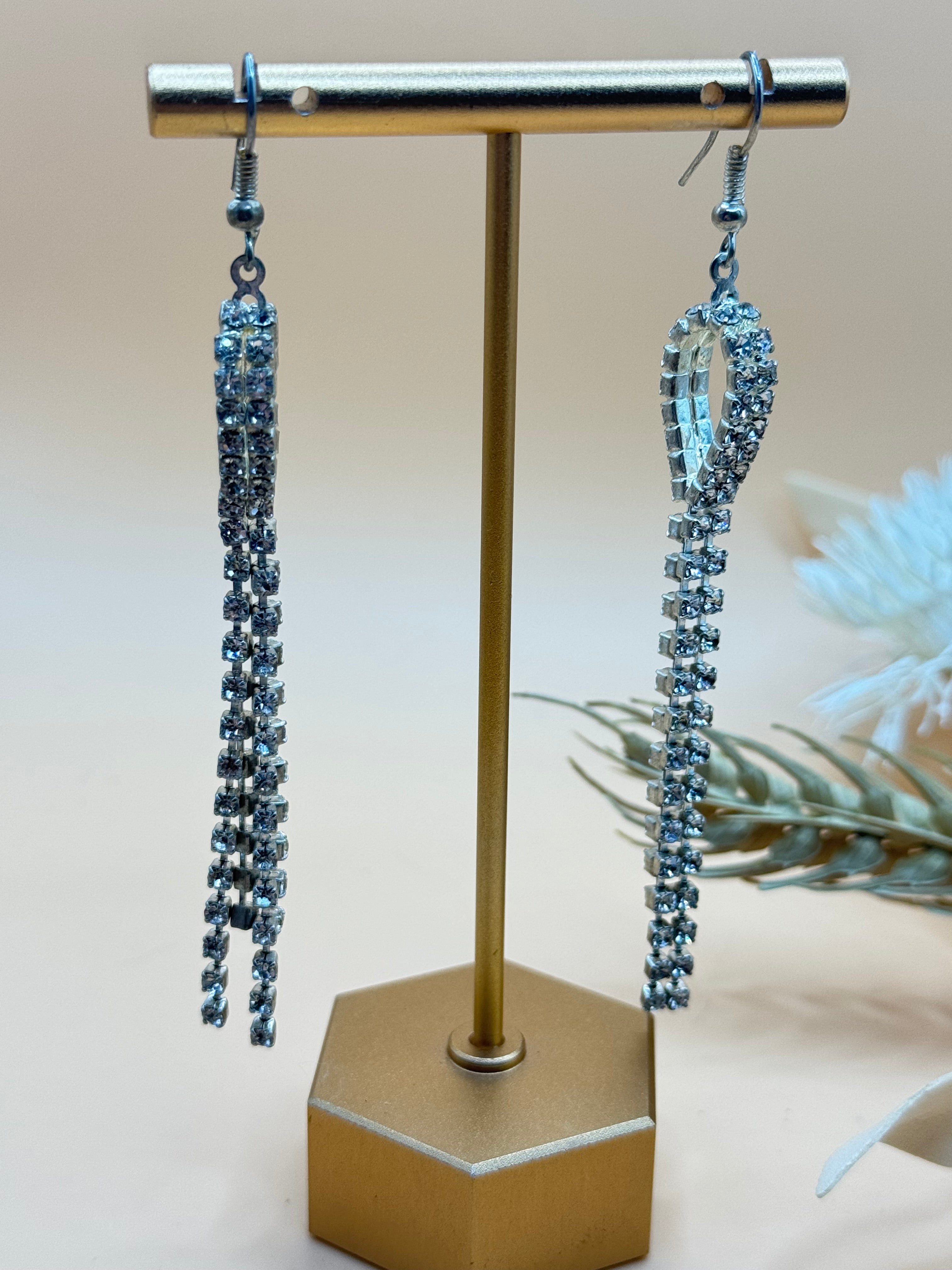 Silver Tone Clear Rhinestone Tassel Dangle Earrings