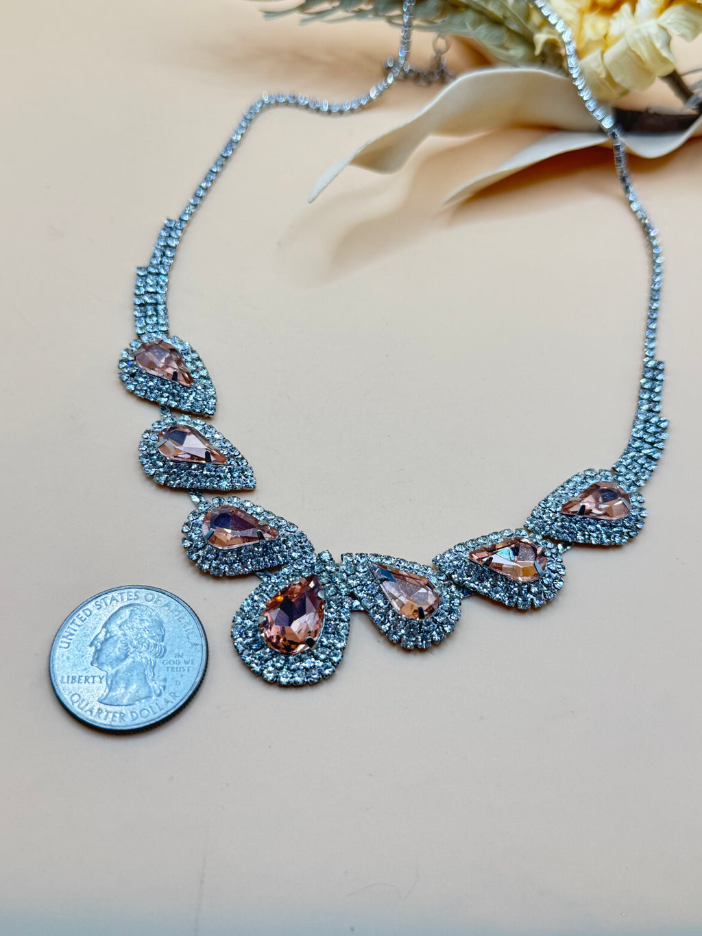 Blush Pink Teardrop Rhinestone Statement Necklace