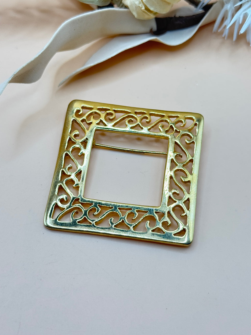 Vintage Gold Tone Square Openwork Filigree Brooch