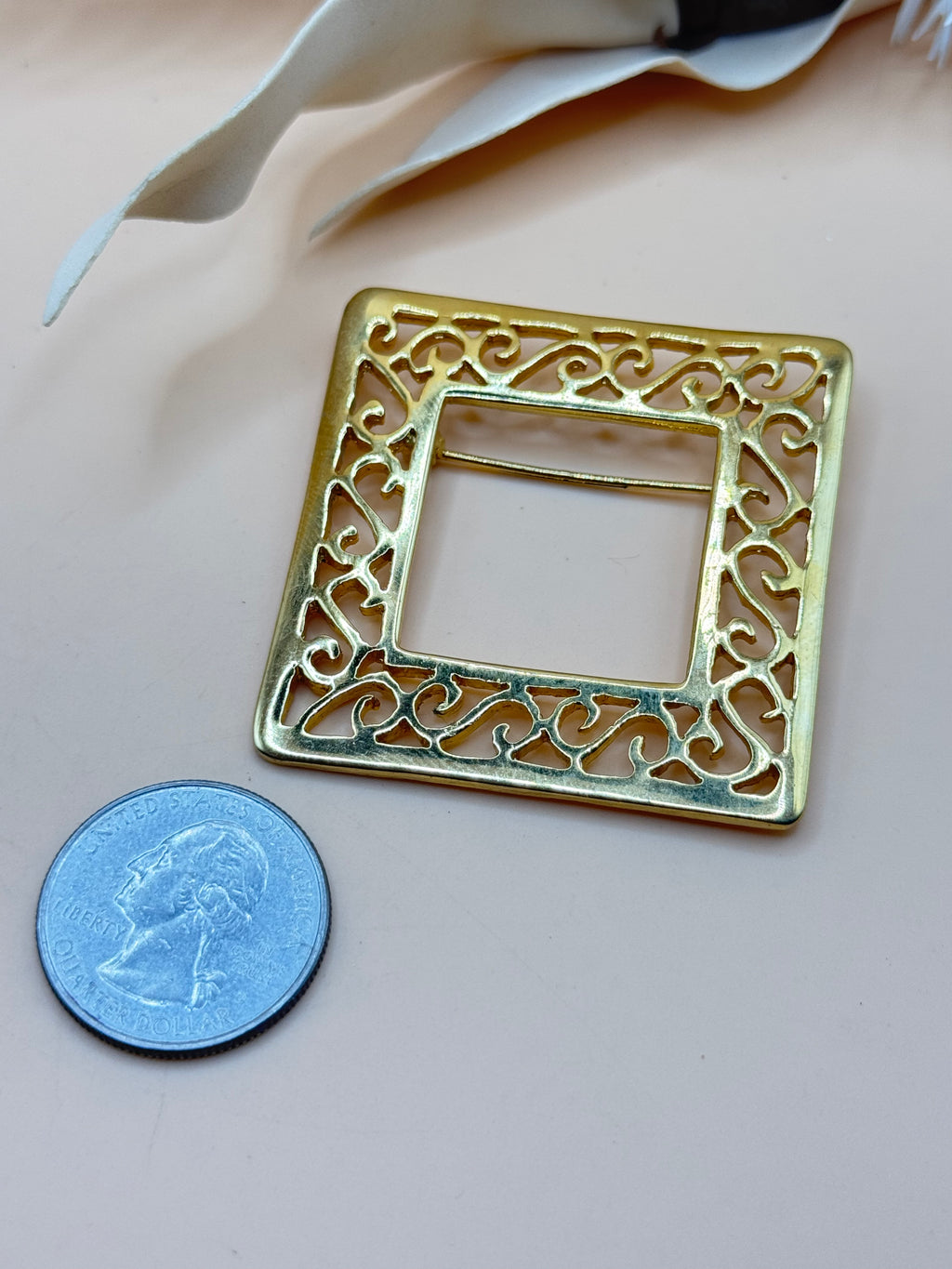 Vintage Gold Tone Square Openwork Filigree Brooch