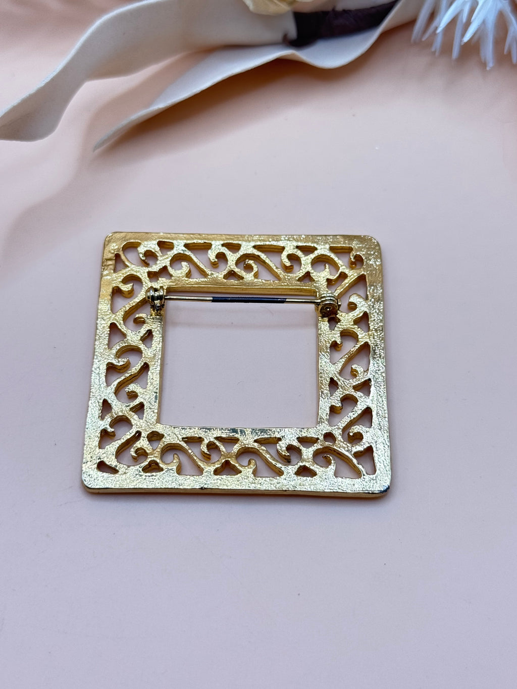 Vintage Gold Tone Square Openwork Filigree Brooch