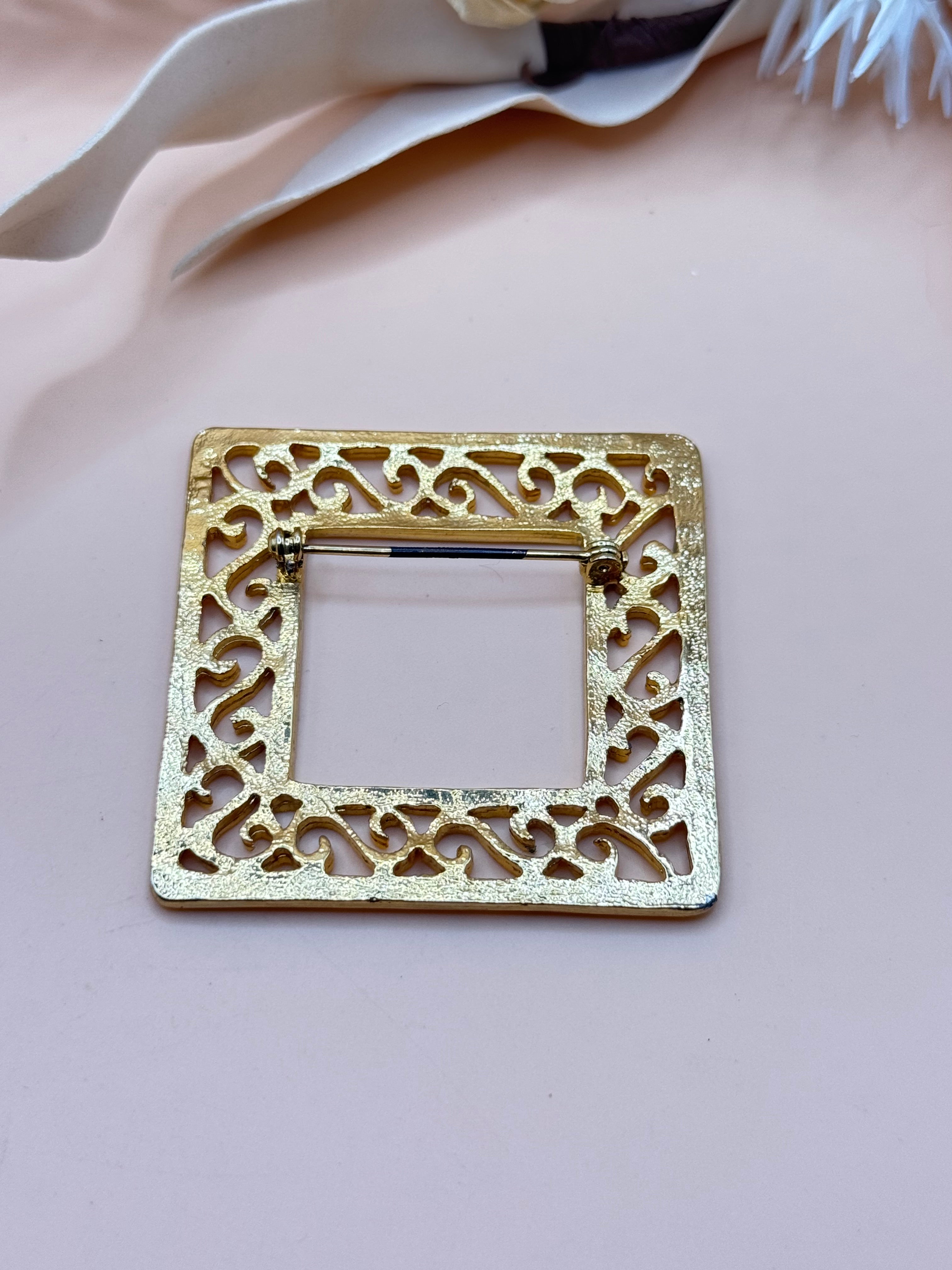 Vintage Gold Tone Square Openwork Filigree Brooch
