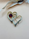 Gold Tone Interlocking Double Heart Red Rhinestone Brooch