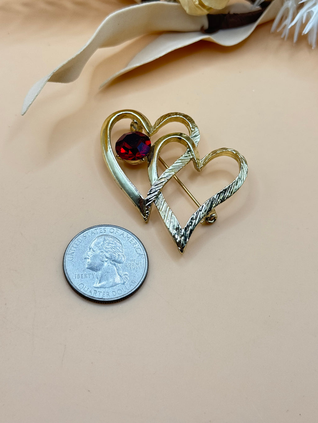 Gold Tone Interlocking Double Heart Red Rhinestone Brooch