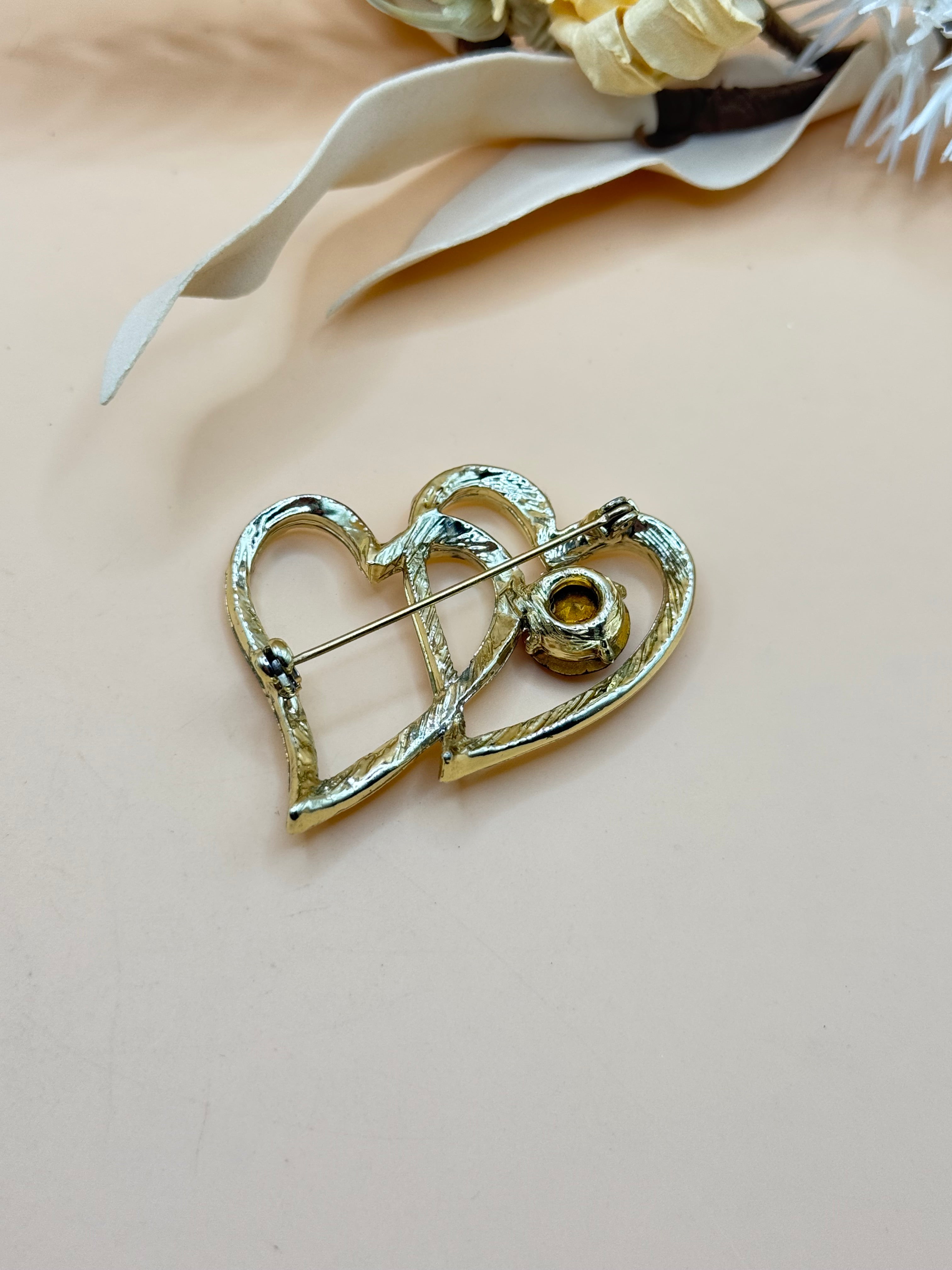 Gold Tone Interlocking Double Heart Red Rhinestone Brooch
