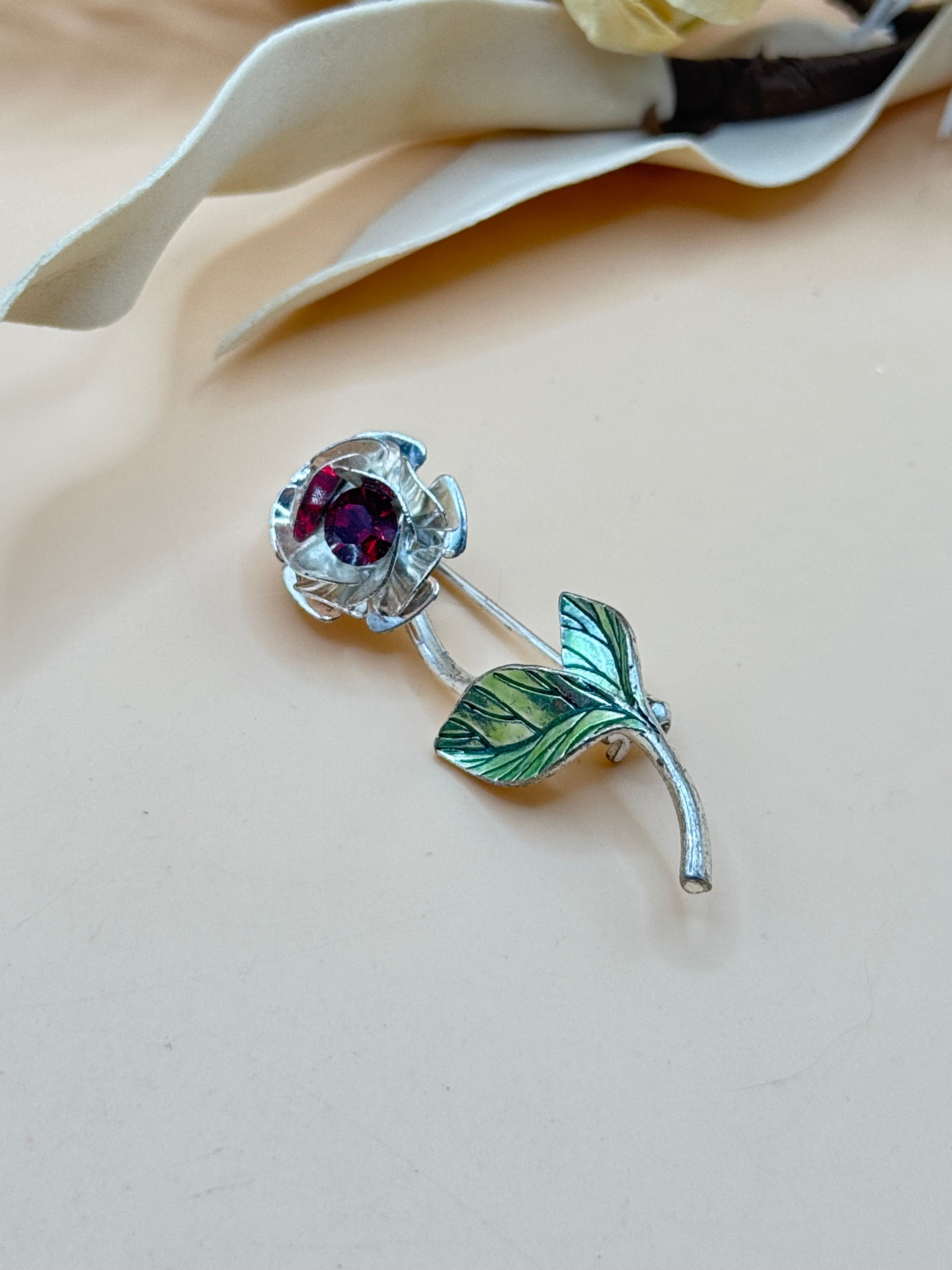 Vintage Avon Silver Tone Red Rhinestone Rose Brooch