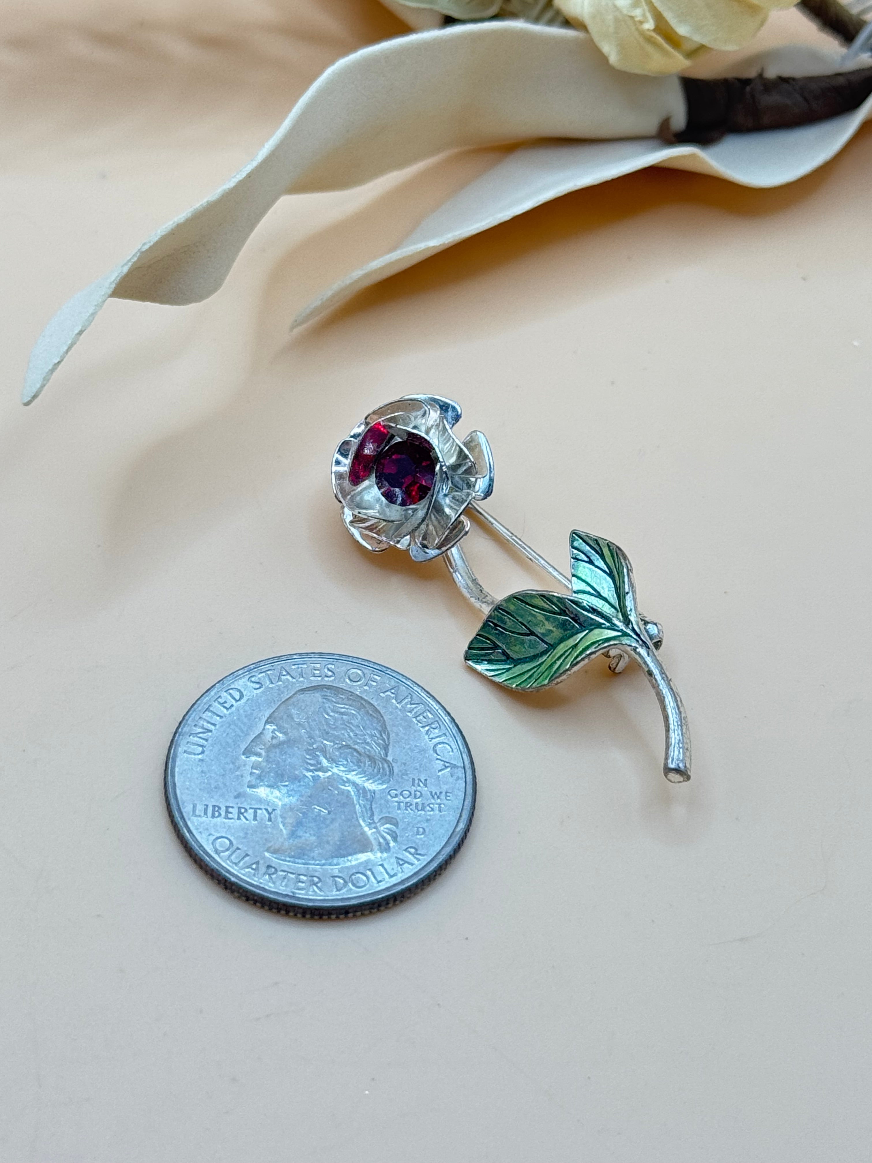 Vintage Avon Silver Tone Red Rhinestone Rose Brooch