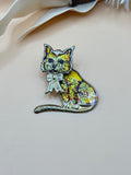 Vintage Glitter Enamel Cat Brooch Pin Gold Tone Bow Accent