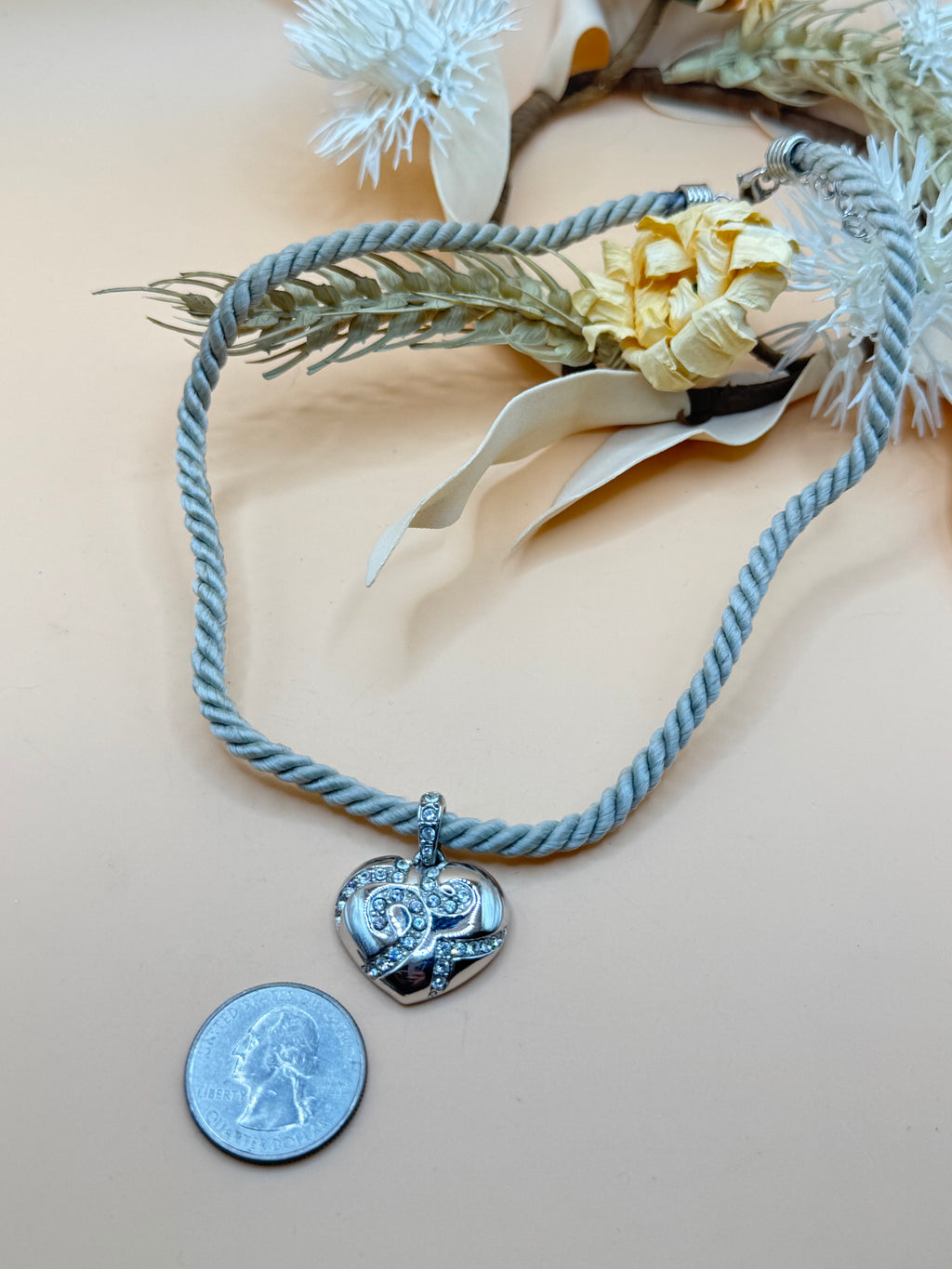 Vintage Monet Silver Tone Rhinestone Heart Pendant Rope Necklace 14 Inch