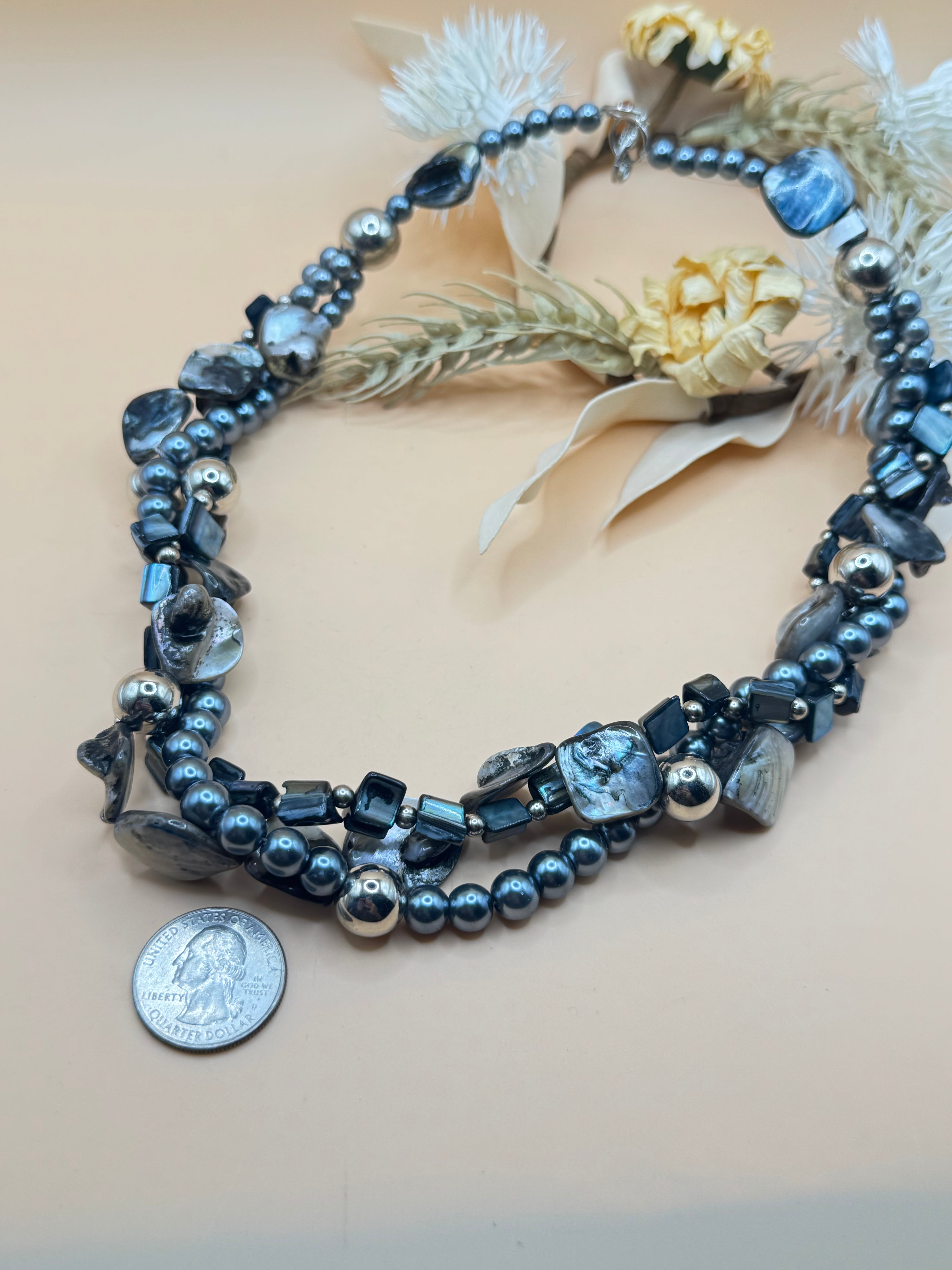 Vintage Blue Faux Pearl Shell Bead Multi Strand Statement Necklace 18 Inch