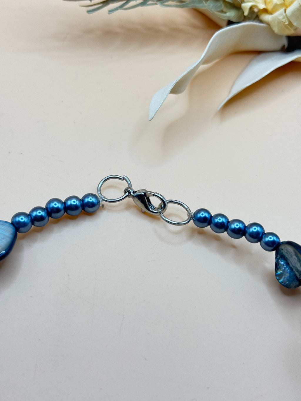 Vintage Blue Faux Pearl Shell Bead Multi Strand Statement Necklace 18 Inch