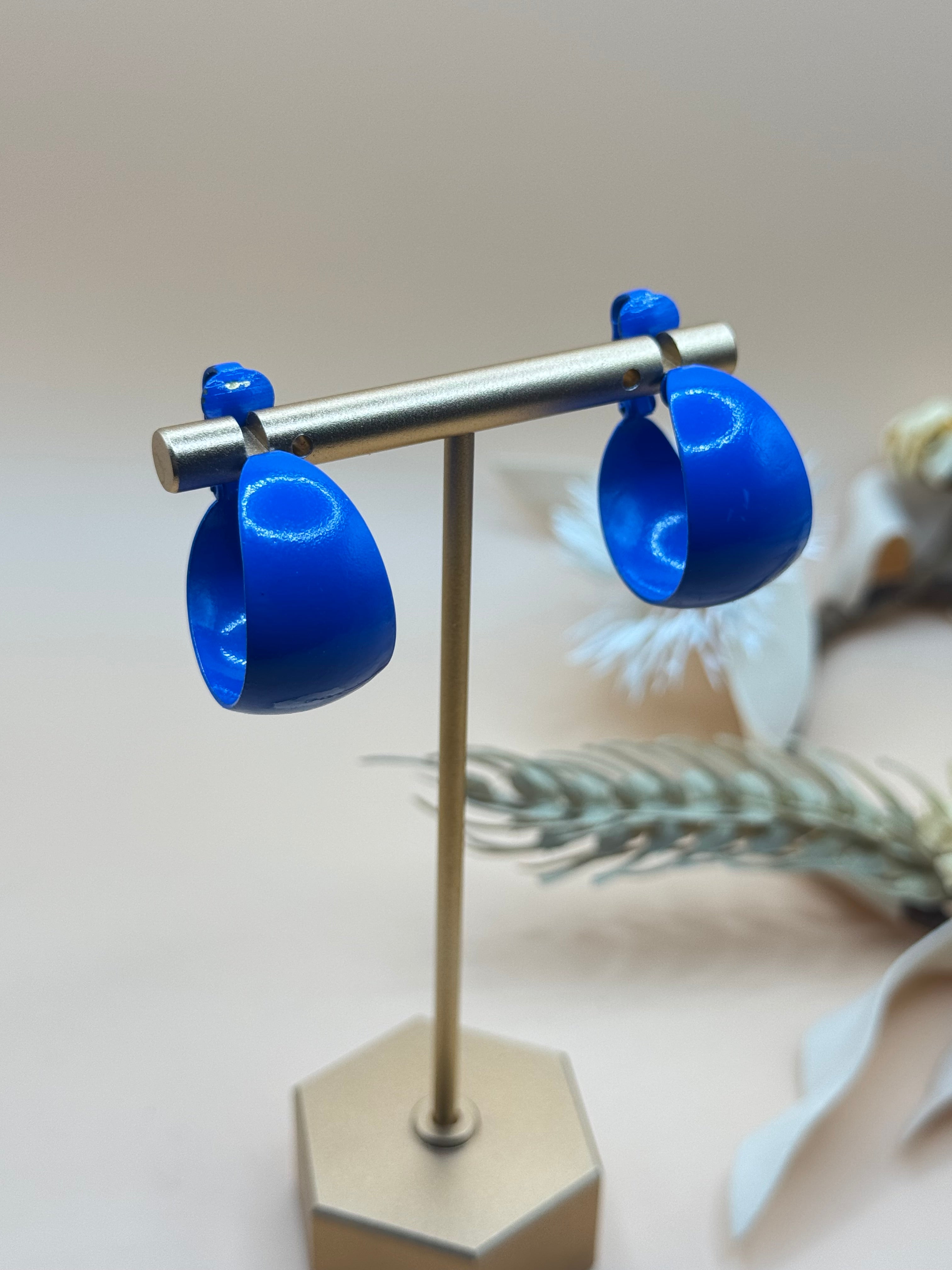 Vintage Royal Blue Wide Hoop Earrings Bold Statement Pierced Earrings