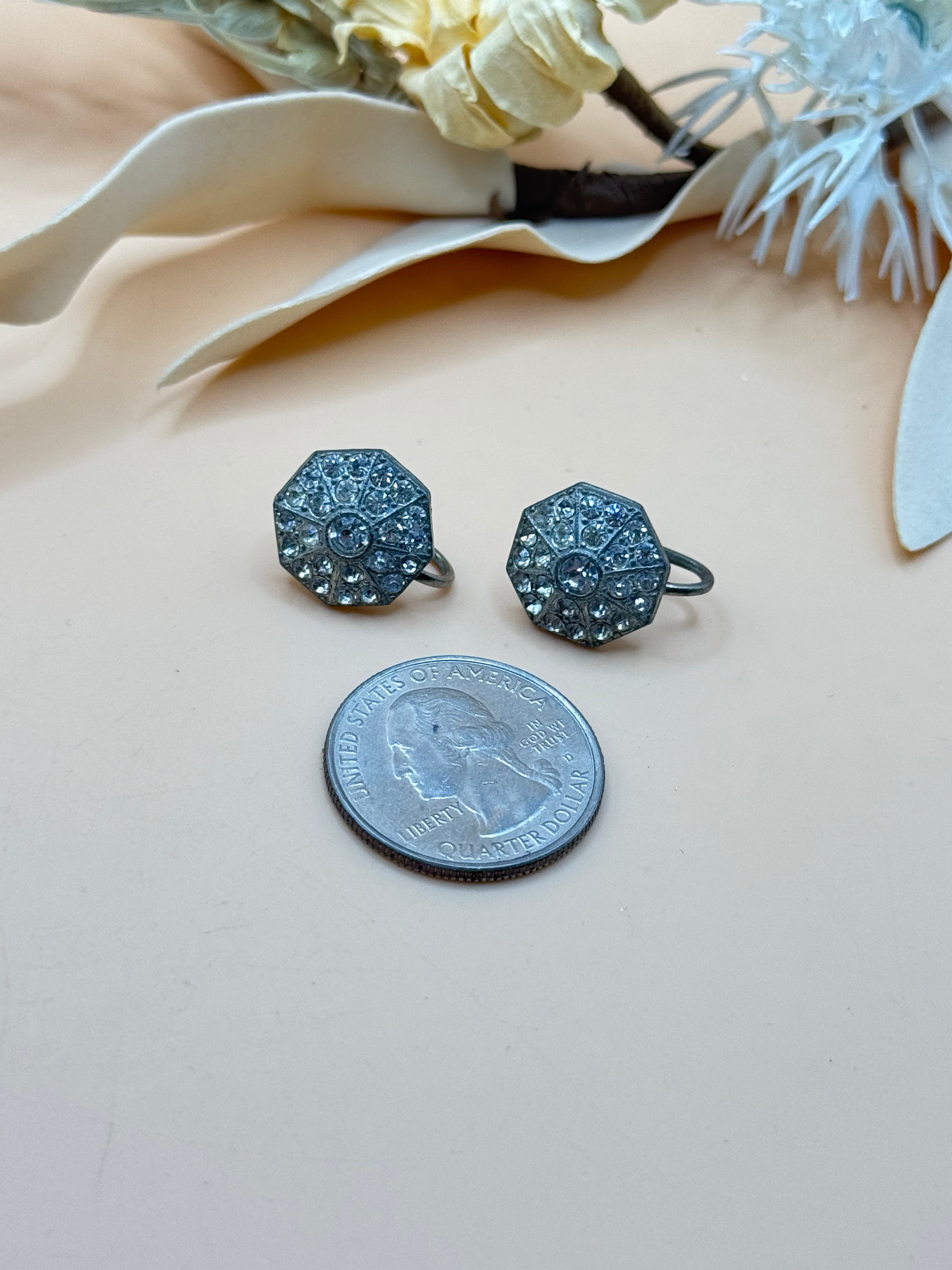 Vintage Silver Tone Clear Rhinestone Octagon Screw Back Earrings