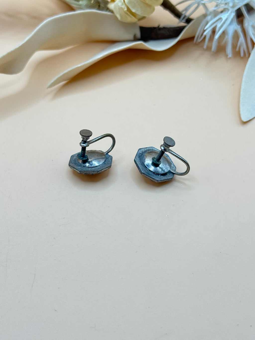Vintage Silver Tone Clear Rhinestone Octagon Screw Back Earrings