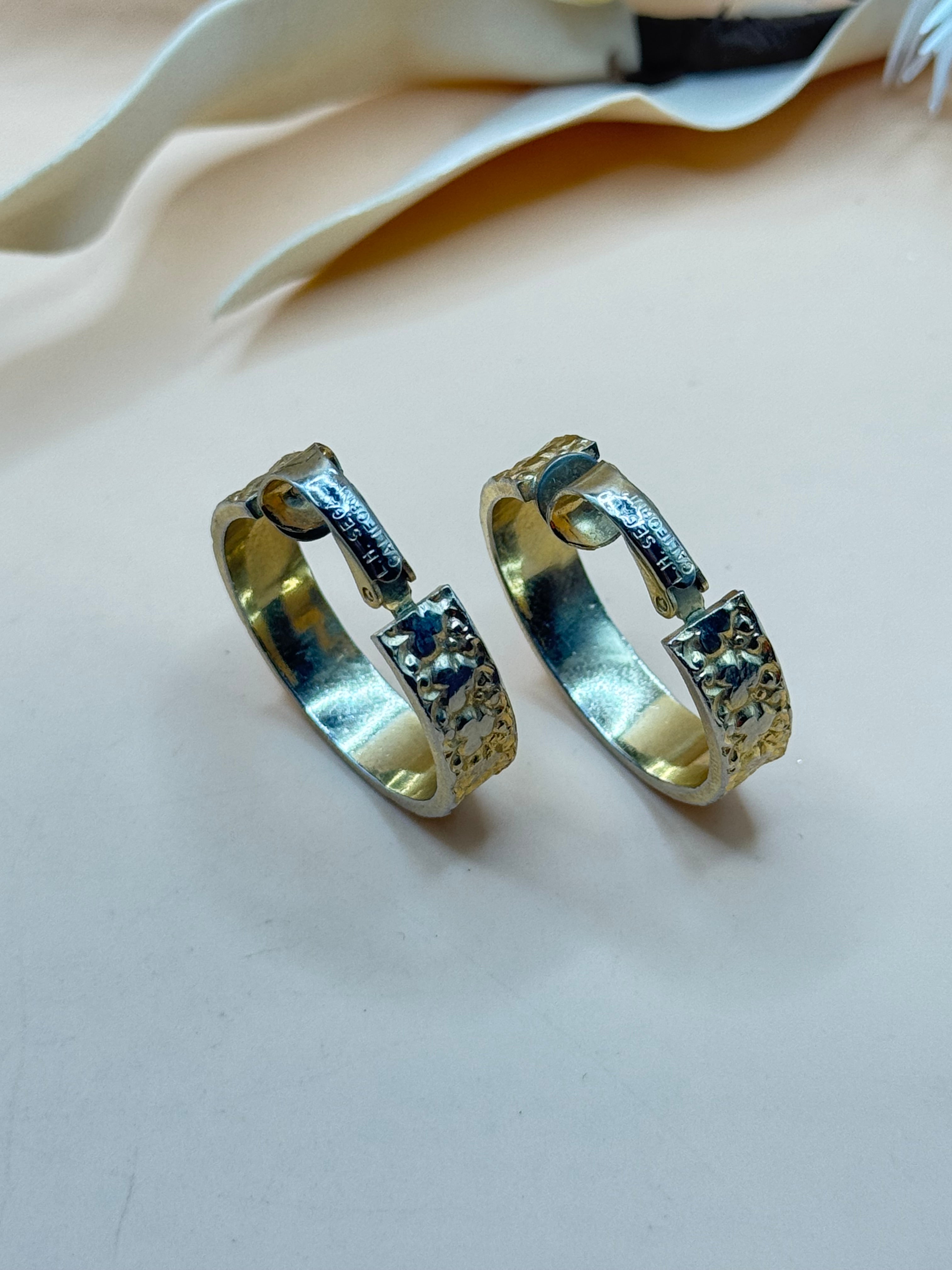 Vintage LH Segal California Silver Tone Hammered Hoop Clip-On Earrings
