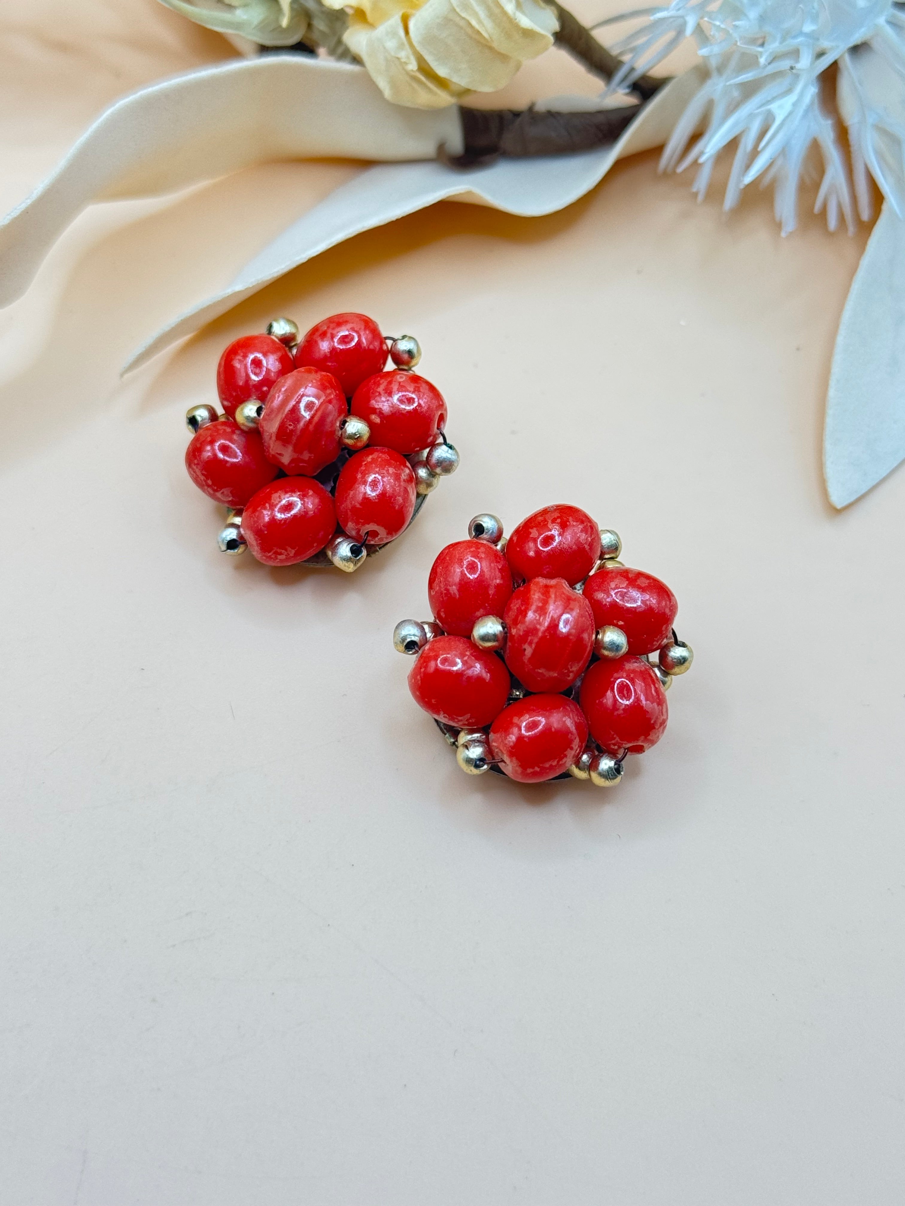Vintage Hong Kong Red Beaded Cluster Clip-On Earrings