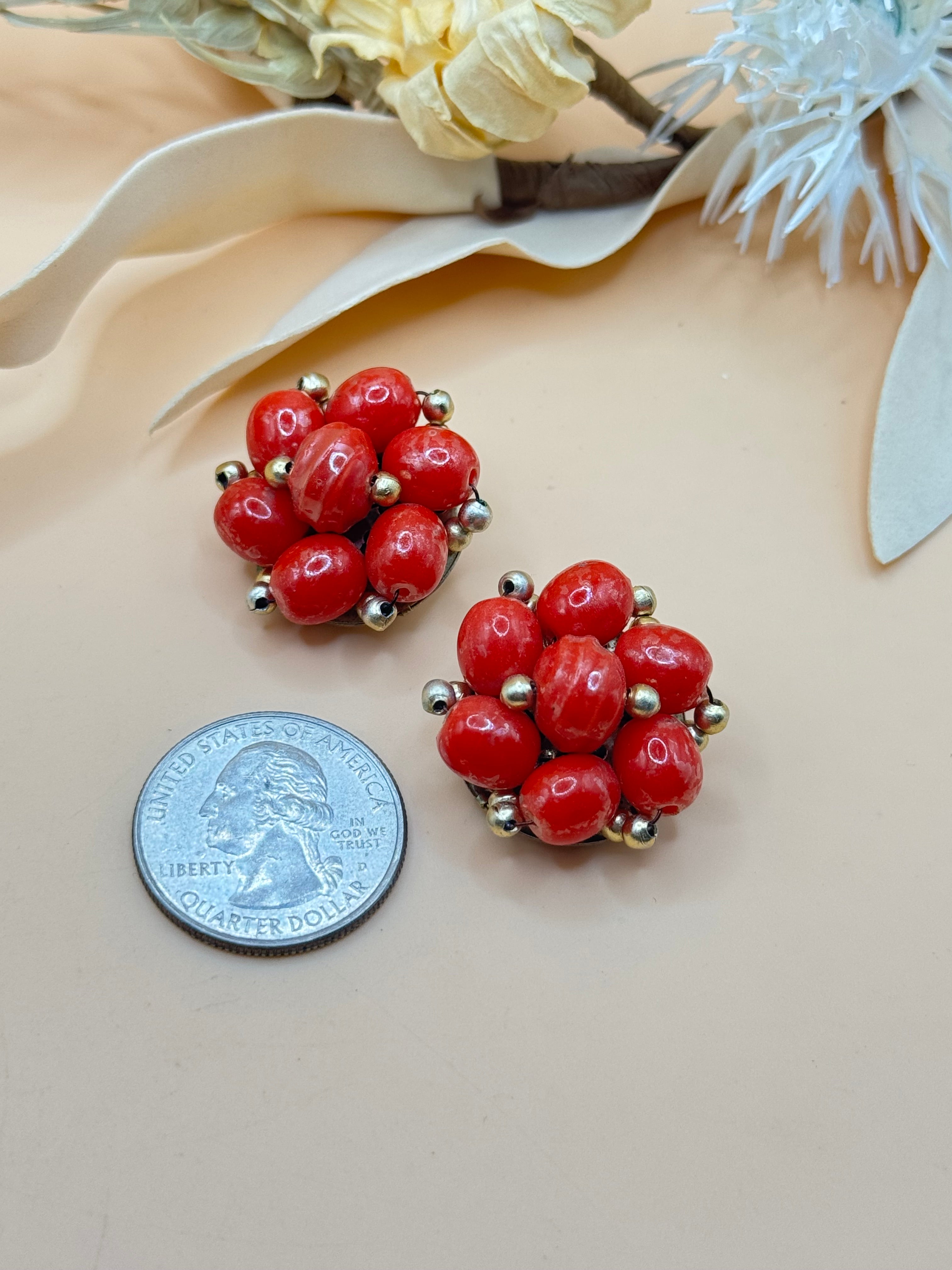 Vintage Hong Kong Red Beaded Cluster Clip-On Earrings
