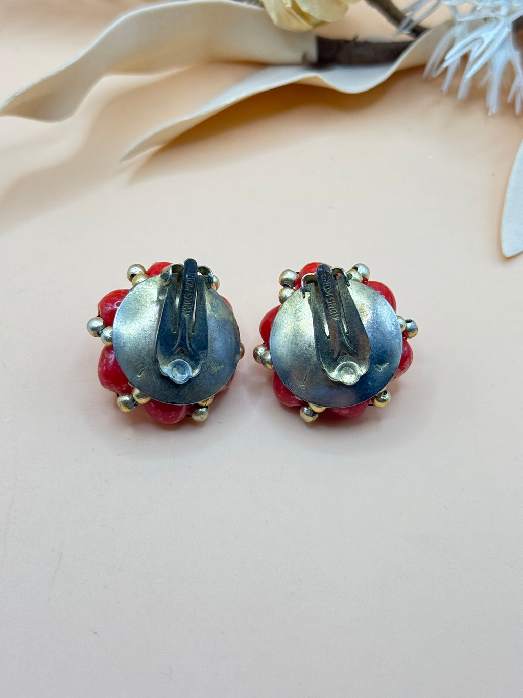 Vintage Hong Kong Red Beaded Cluster Clip-On Earrings