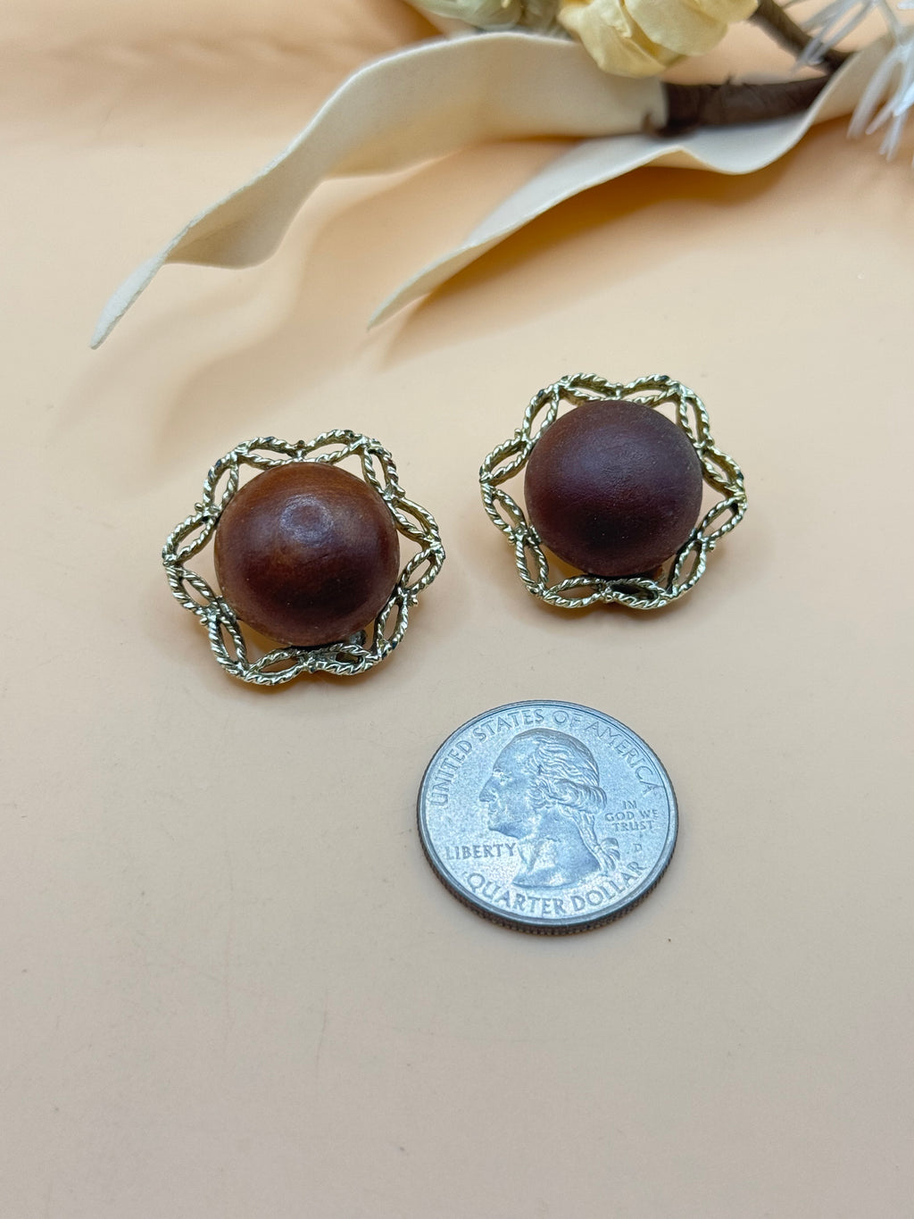 Vintage Brown Wood Bead Silver Tone Filigree Clip-On Earrings