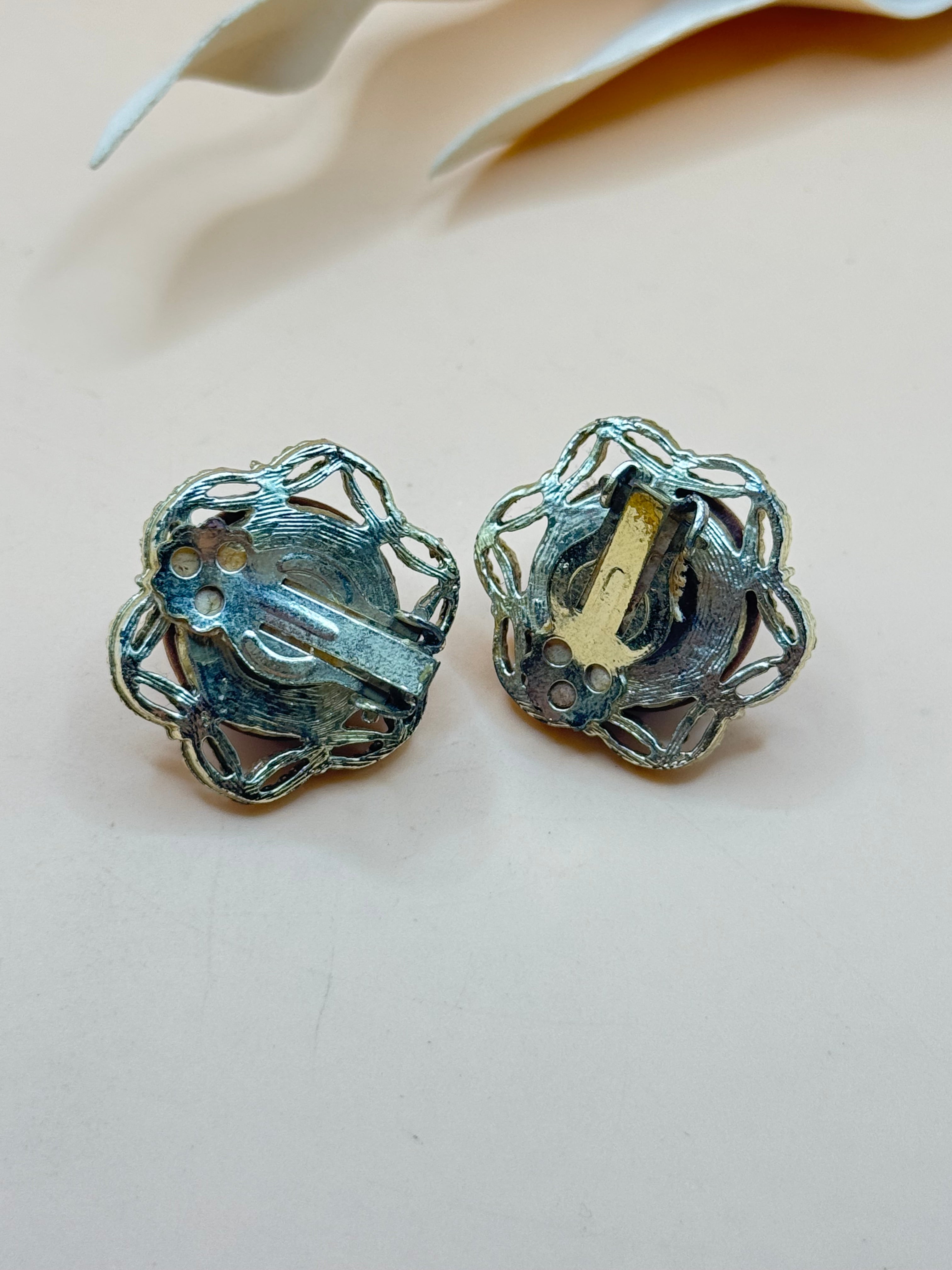 Vintage Brown Wood Bead Silver Tone Filigree Clip-On Earrings